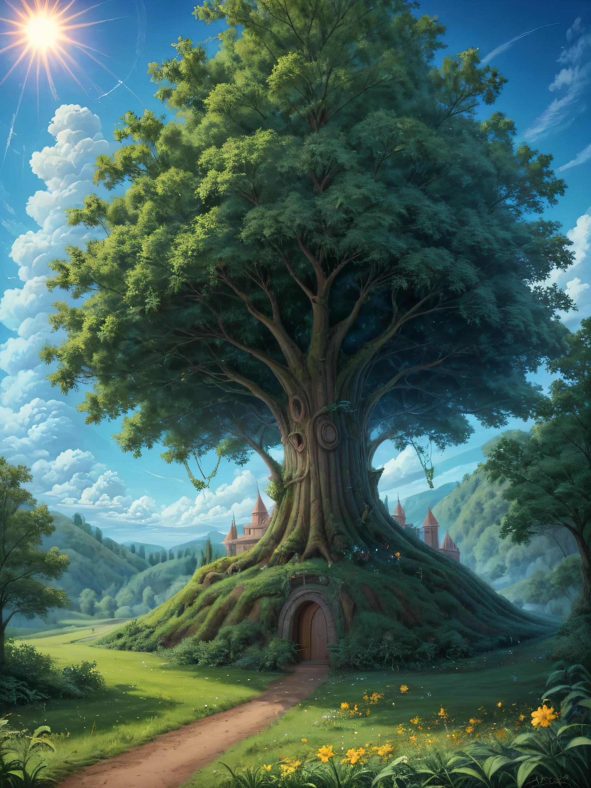Viral anime nature wallpaper in 4K quality, in the style of Pixar 3D inspired by Toy Story, showcasing a vibrant meadow filled with a variety of colorful wildflowers and towering, ancient trees with thick trunks. In the background, a grand castle rests atop a hill, surrounded by a clear blue sky with fluffy clouds. The color temperature is bright and cheerful, with a whimsical atmosphere; the scene is illuminated by soft light and twinkling stars appearing as the sun sets, creating a magical and joyful setting --v 5 --stylize 1000.