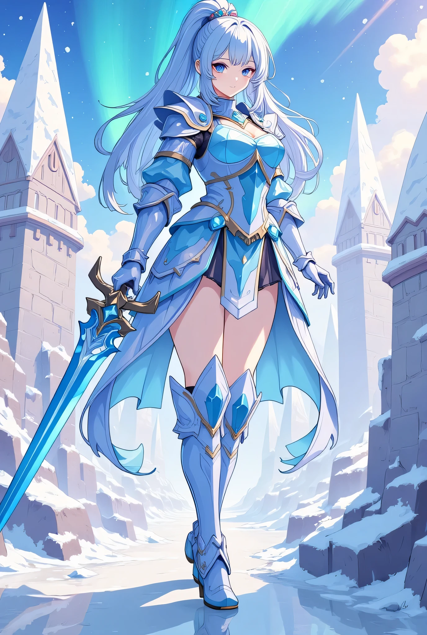 4K,High resolution,One Woman,Blue Hair,Long Ponytail,Blue Eyes,Big Breasts,Fantasy Knight,Blue Crystal Armor,Full Armor,Heavy Armor,Sleeveless,Armored High Heel Boots,Armor Gloves,Hairbands,Ice Crystal Sword,Jewelry decoration,Ice Castle,Aurora Sky