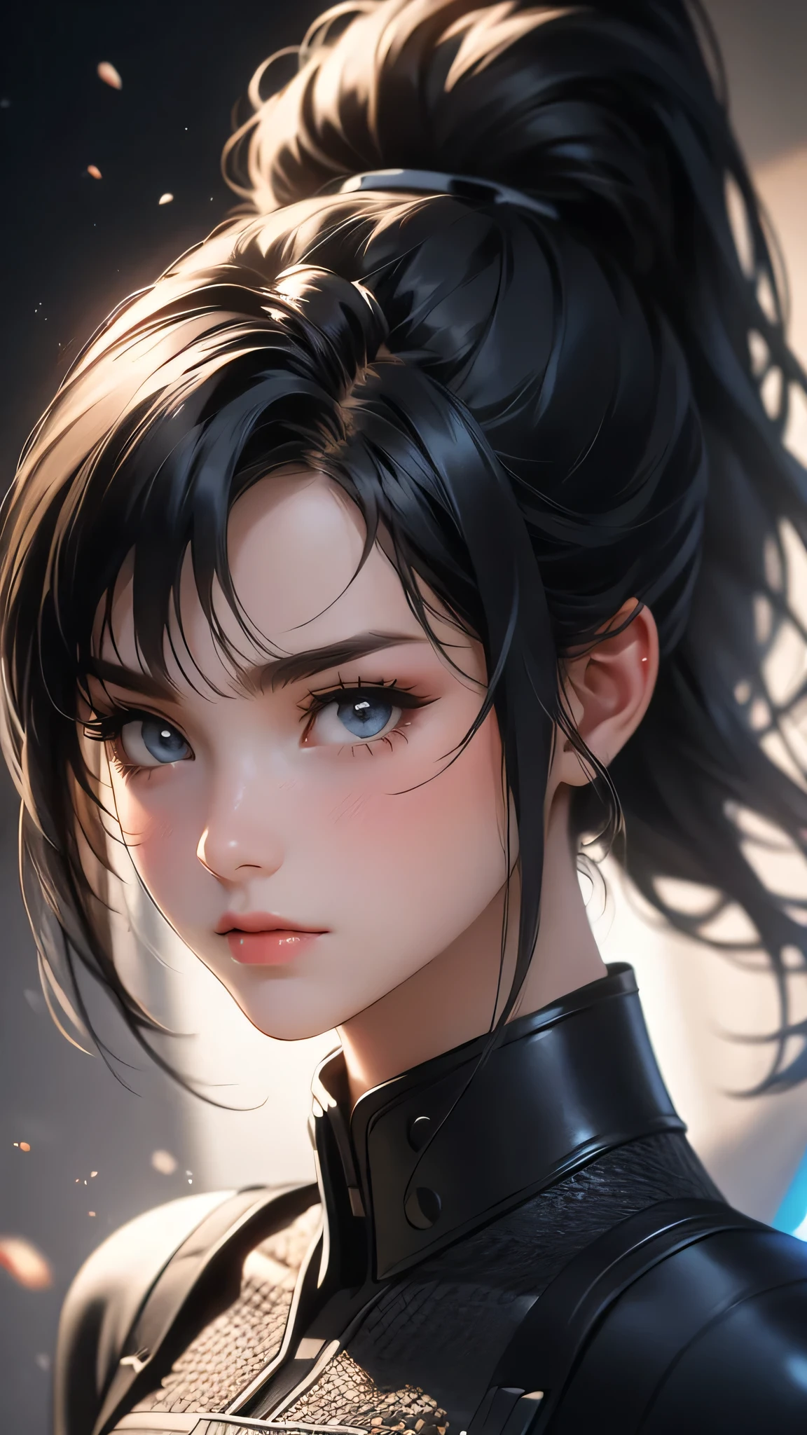 ((Masterpiece)), envision a 8k, highres, cinematic, extremely beautiful semi realistic close up portrait of a beautiful mature lady with a strong face, slender body, mean face, ((long black hair)),((ponytail)) combat suit, blush, flustered, side locks, round face, long sweeping bangs, blue eyes, soft lips, lip gloss, thick eyebrows, round face, ((((1girl)))), in dark lighting, against a dark gray background