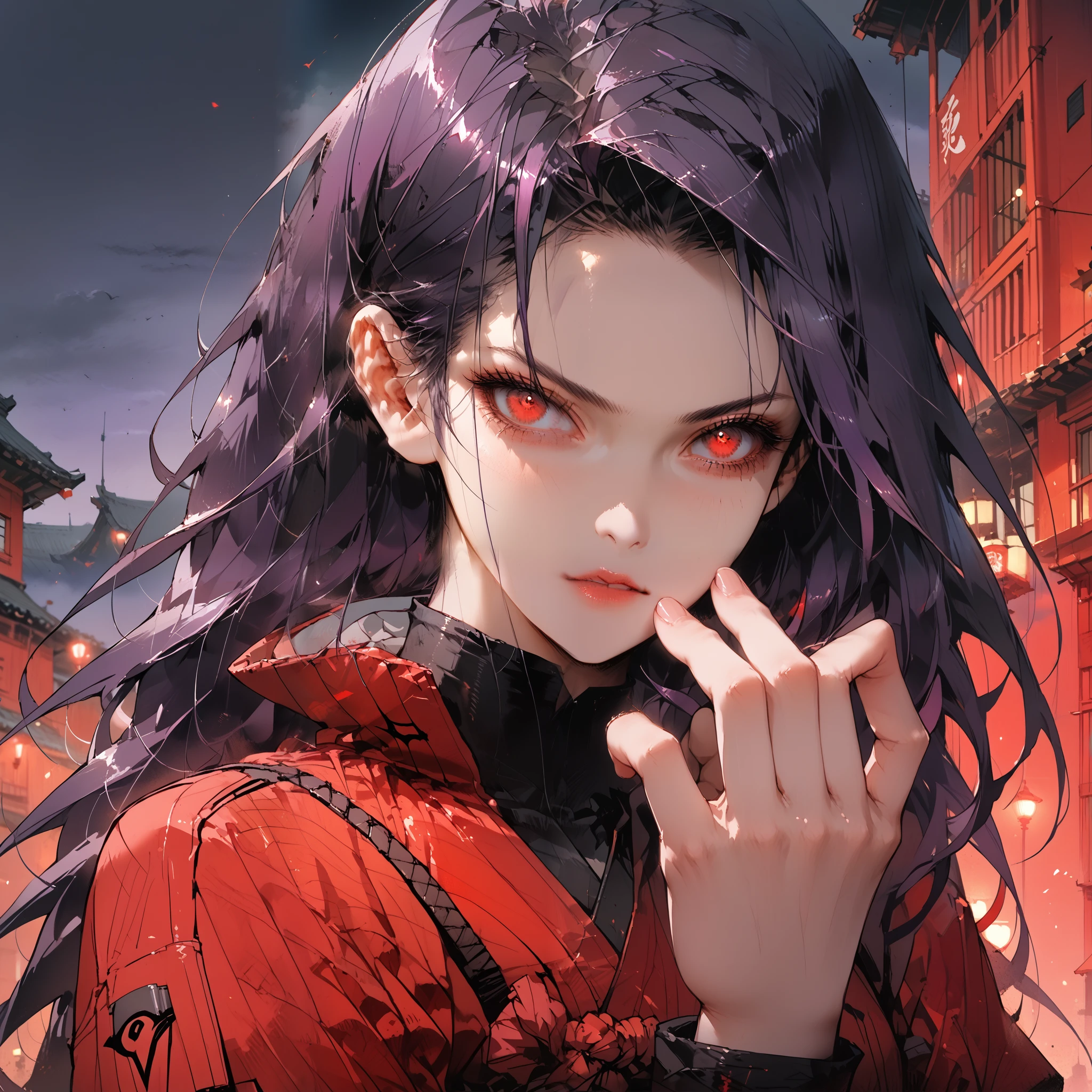 purple hair, long hair, a female assassin ninja in red and black ninja outfit, at night, black and red buildings, dark foggy sky, full body, looking at viewer, bright red eyes, beautiful face, perfect face, perfect hands, perfect legs, super detailed clothing, intricate clothing,