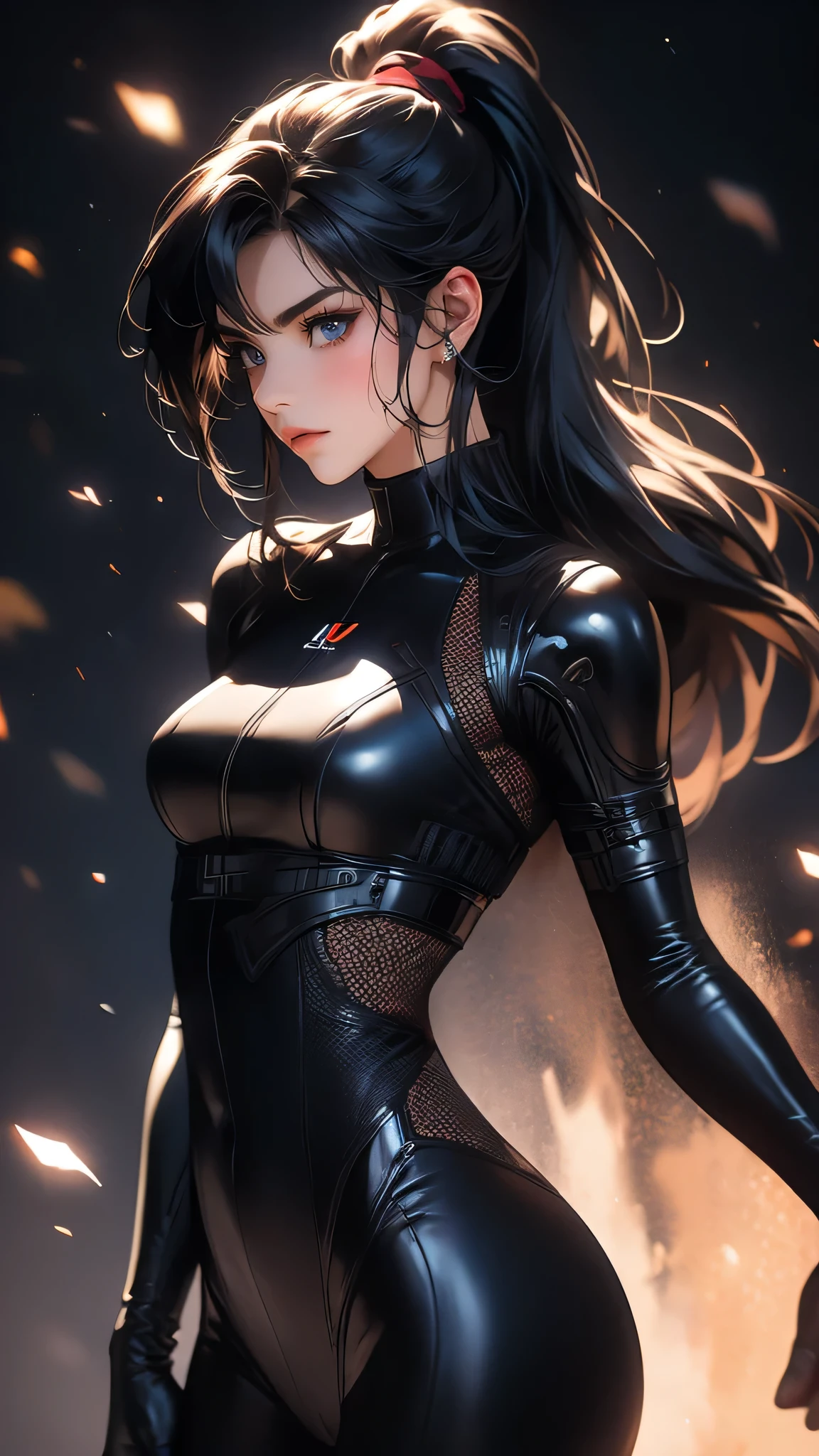 ((Masterpiece)), envision a 8k, highres, cinematic, extremely beautiful semi realistic full body pinup of a beautiful mature lady with a strong face, slender body, mean face, ((long black hair)),((ponytail)) combat suit, blush, flustered, side locks, round face, long sweeping bangs, blue eyes, soft lips, lip gloss, thick eyebrows, round face, ((((1girl)))), in dark lighting, against a dark gray background