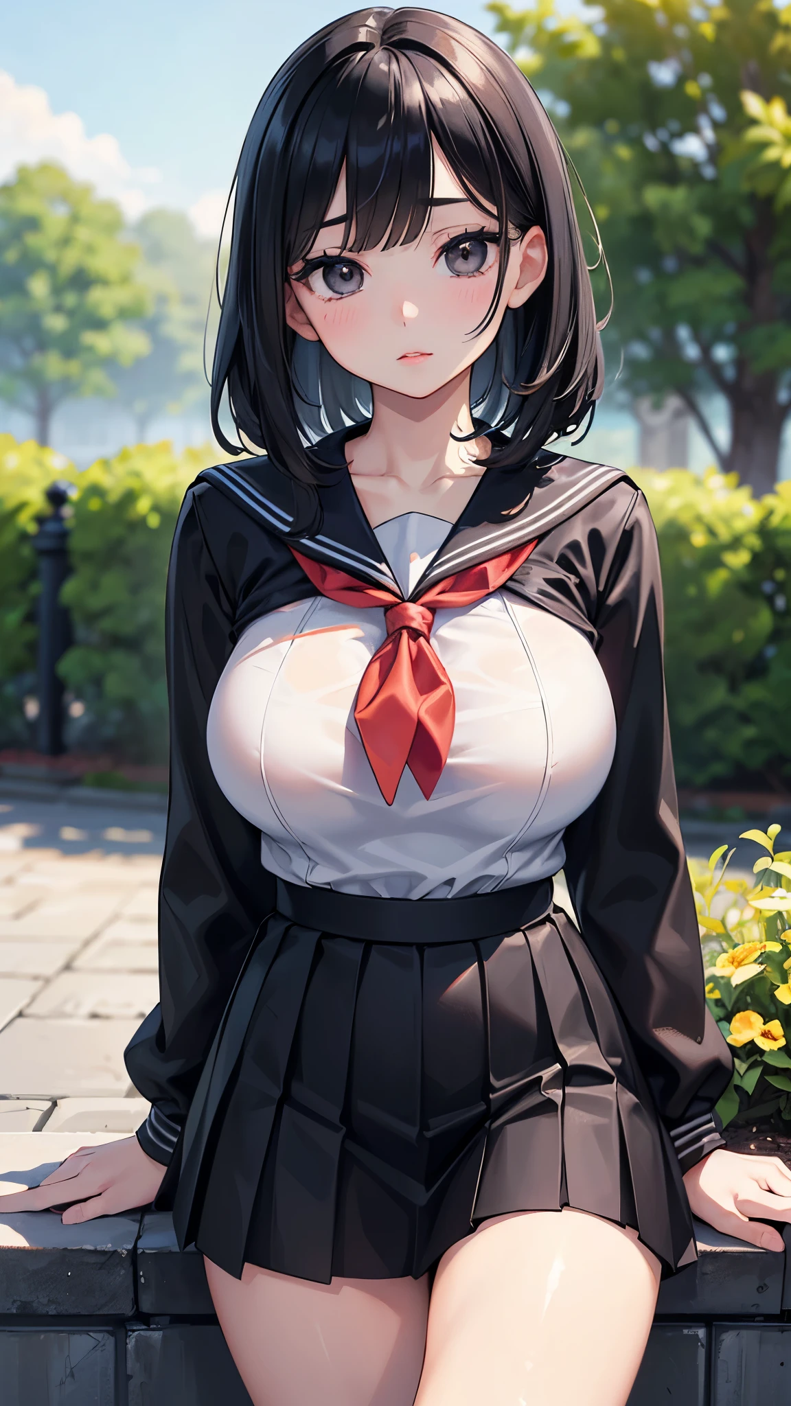 very cute and beautiful girl,(highly detailed beautiful face),(smile),blush, cowboy shot, BREAK standing, (skirt lift:1.3), show off panties, panties pull, (white panties), hair ribbon, black hair, black dress, (school uniform), (shuuchiin academy school uniform), long sleeves, armband, ribbon, (red ribbon, neckband), BREAK flower garden, narrow stone pathway, shrubbery, distant trees, (best quality,masterpiece:1.0), absurdres, highres, ultra-detailed, extremely detailed,32k,8k resolution, intricate details, cinematic scene, detailed background, solo, dynamic angle,(open shirt:1.8),(show off nipples:1.6), (exposing bare breasts:1.3), (exposed chest:1.3), (no bra:1.3),(very flat chest:1.6),(very short miniskirt:1.6),belly button
