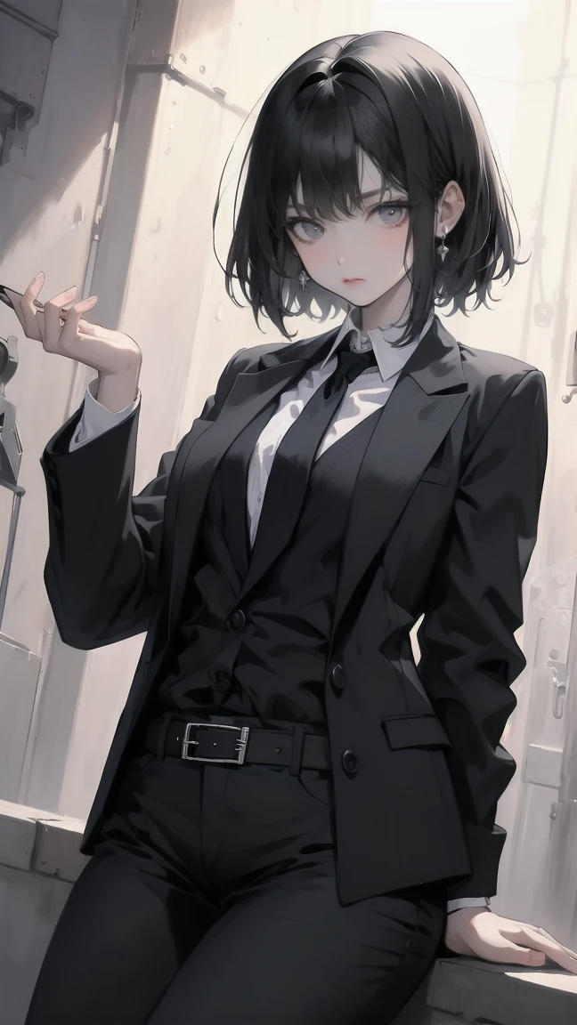 score_9, score_8_up, score_7_up, score_6_up, source_anime, MKY, 1girl, necktie, solo, gloves, holding cigarette, cigarette, black hair, shirt, holding, breasts, black gloves, black shirt, large breasts, pants, black pants, belt, white necktie, hair between eyes, hand in pocket, looking at viewer, smoking, smoke, collared shirt, short hair, tiles, indoors, black eyes, plant, half gloves, bangs, long sleeves, parted lips, tile floor
