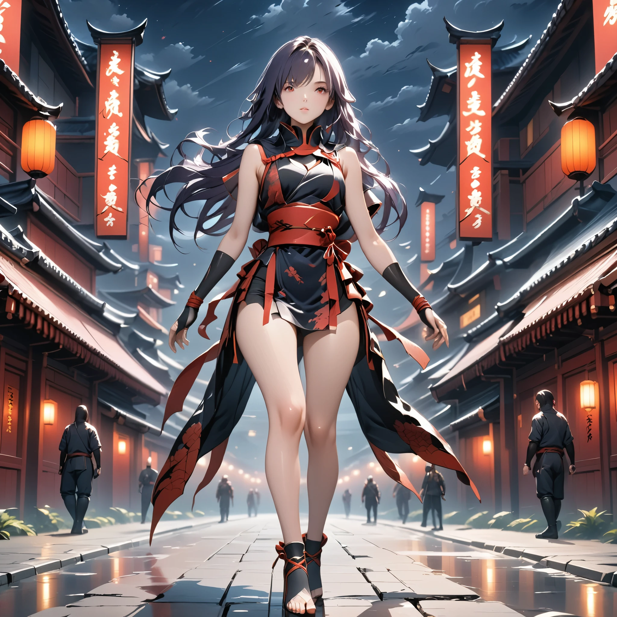 purple hair, long hair, a female assassin ninja in red and black ninja outfit, at night, black and red buildings, dark foggy sky, full body, looking at viewer, bright red eyes, beautiful face, perfect face, perfect hands, perfect legs, super detailed clothing, intricate clothing,