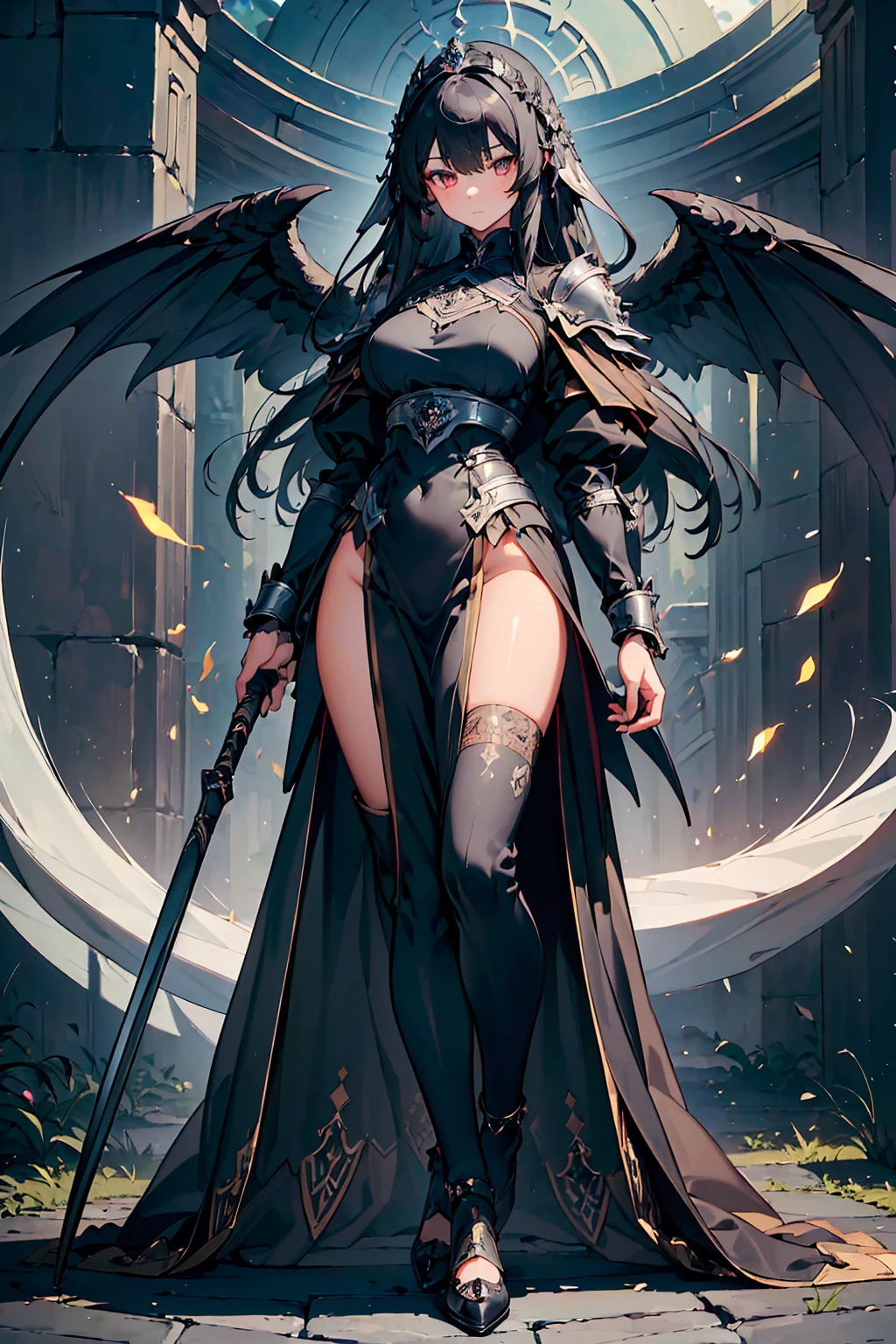 (((masterpiece, best quality, high detailed, 16k))) (1girl) A solemn and serene woman with long, flowing black hair and soft silver eyes. She wears a dark, ethereal armor that seems to be woven from shadows. Her black wings are enormous and majestic, and she carries a scythe made of pure, shimmering darkness. ((full body front view)), (extremely detailed:1.5)
