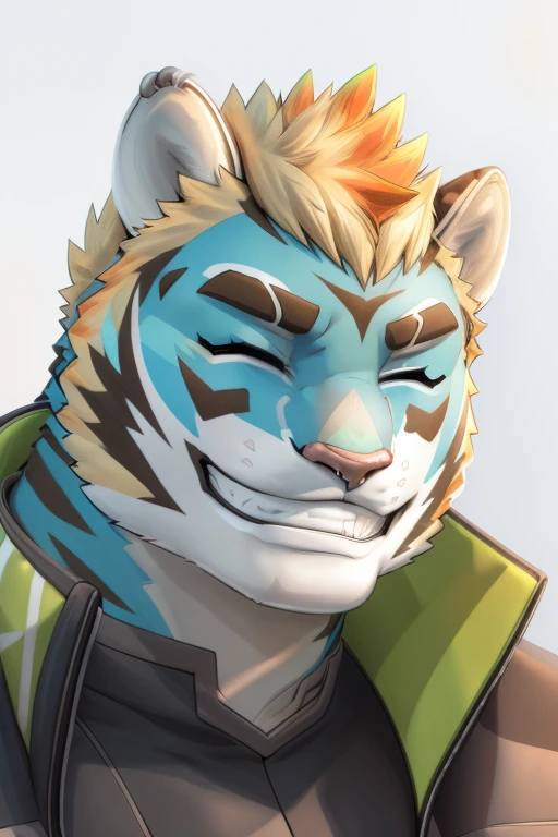 rexer, green eyes, (posing:1.3), (soft shading), 4k, hi res, ((detailed face, detailed)), by zackarry911, by zaush, (by personalami:0.5),  blush, smile, white background, jacket, (closed eyes:1.2), upper body, male focus, multicolored hair, teeth, grin, piercing, ear piercing