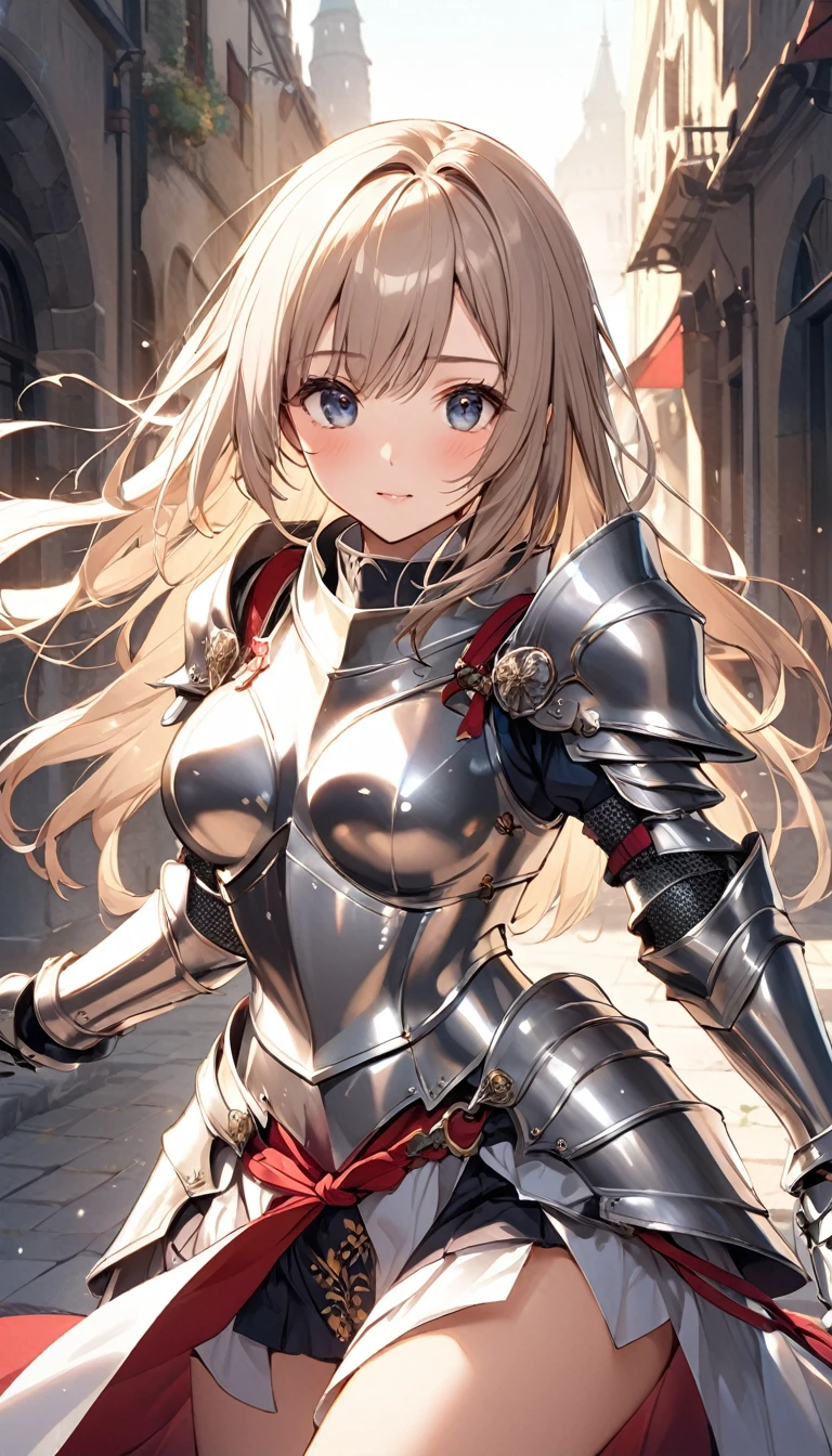 ((Best quality, 8k, Masterpiece: 1.3)), Sharp focus A beautiful woman with perfect body, Highly detailed face and skin texture, (Detailed eyes), rabbit ears, hime cut, white hair, hair bow, ribbon, pupils sparkling, tareme, (knight wearing steel armor), cowboy shot