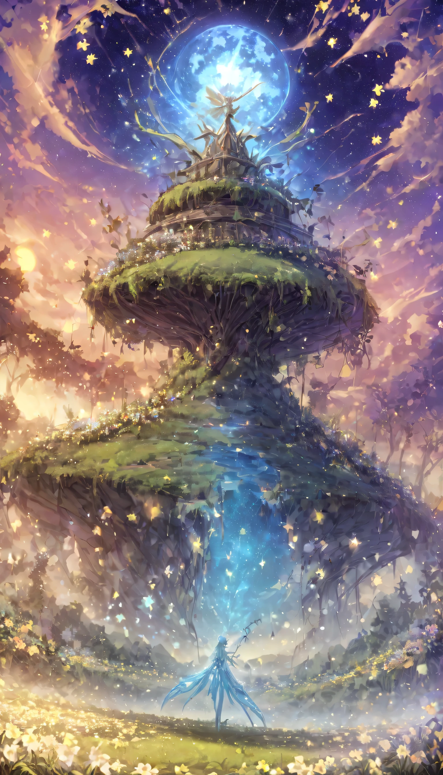 Vivid anime fantasy wallpaper in 4K resolution, showcasing a vast, open field under a starry night sky, dotted with glowing flowers and luminescent creatures. A giant moon hangs low on the horizon, casting a soft light over the landscape. Ethereal beings like fairies and spirits dance among the flowers, enhancing the magical vibe; cool and mystical color temperature with shimmering stars, no human characters, creating a whimsical and enchanting atmosphere --v 5 --stylize 1000."