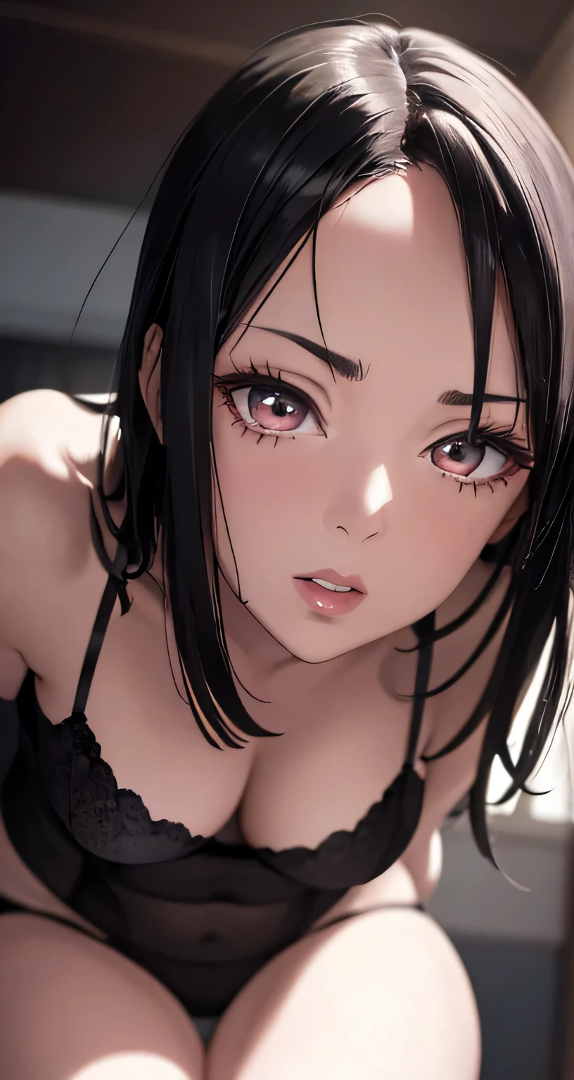 Pale skin, mature woman, elegant, realism - anime:1.3), Hyuga Hinata anime character from boruto or Naruto, big Round breast, Sharp Fokused, high detailed, erotic lips kissing, Focus on the lips, thick shiny lips, very tempting, Great facial expression showing off her Cleverly, from bottom picture, looking up face, The image colors are sharp and striking , Wearing a sexy lingerie