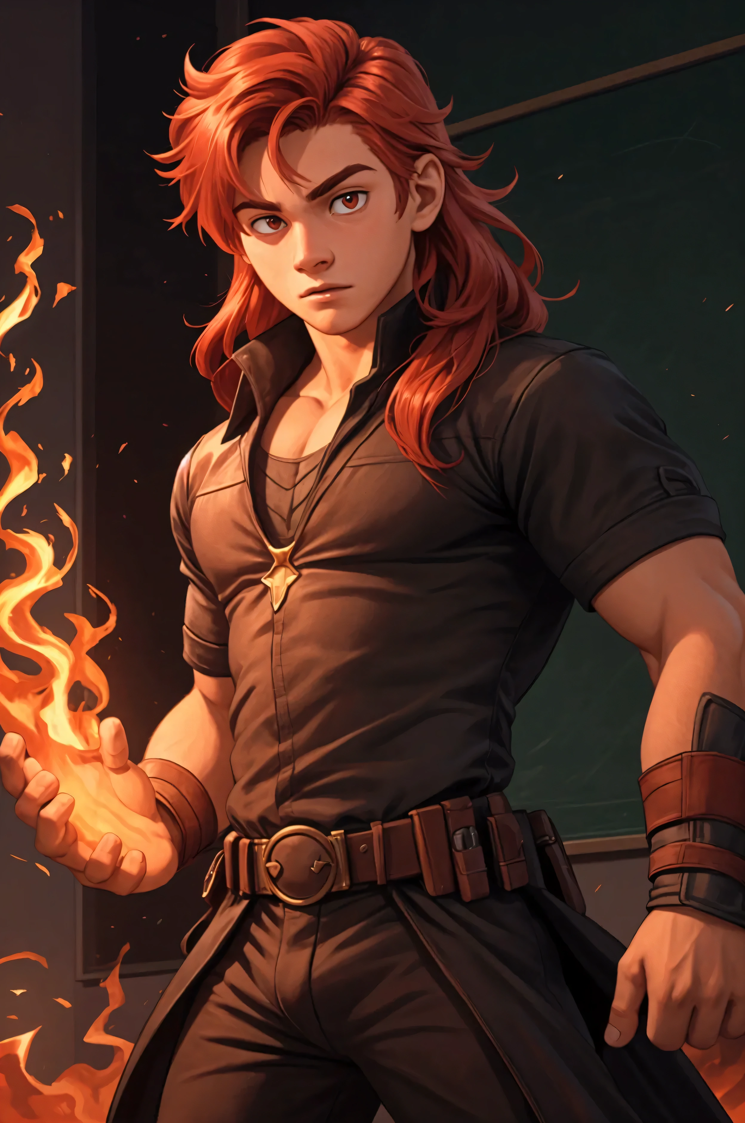 A young man with long red hair, He is on a combat pose, he has superpowers of fire coming out of his hands. front view. the background is a classroom. better quality.