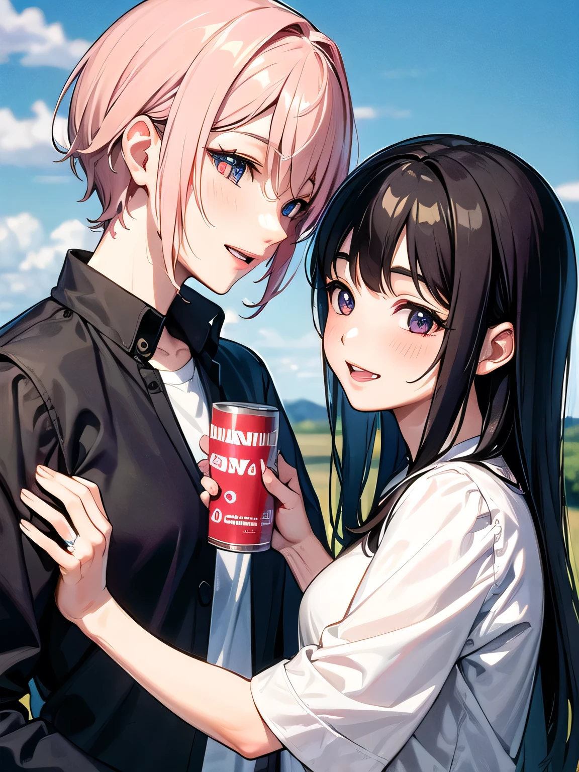 2girls,Girl1:,adolable,A pink-haired,long whitr hair,girl 2:Blonde hair,long whitr hair,Breast fit