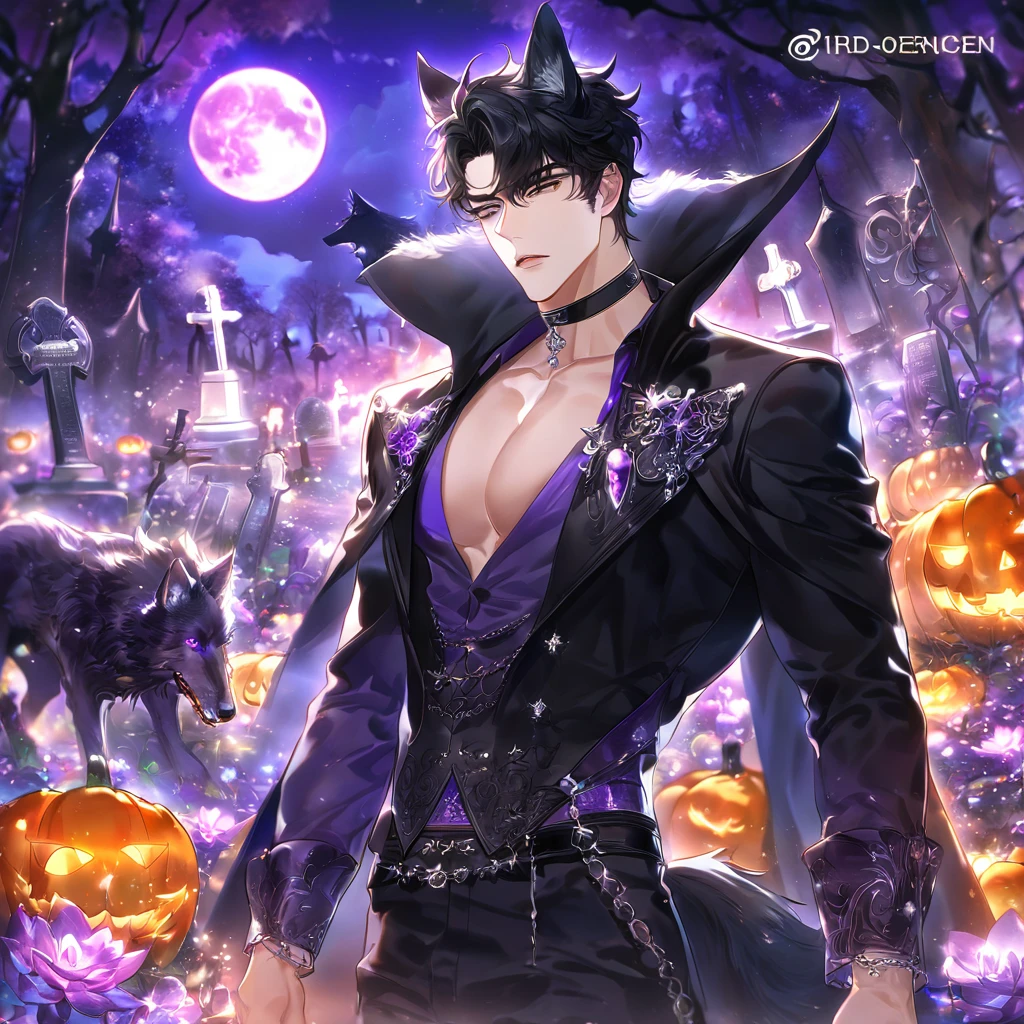 absurdres, highres, ultra detailed, HDR, master piece, best quality, detailed eyes, delicated features, Yoo Joonghyuk, black hair, expressive gray eyes, Omniscient Reader's Viewpoint, solo, sexy man, handsome, sensual, adult face, werewolf, black wolf ears, black wolf tail, black cape with fur, black vest, toned, black choker, fancy clothes, silver accessories, black long nails, toned, dark fantasy, magical, purple forest, cemetery, purple moon, night, purple gleaming pumpkins, purple trees, Halloween, purple glittering fireflies, purple lotus, water, purple dust, magic