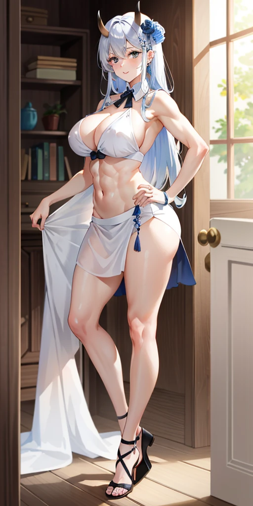 1 full length girl standing, good ass, maid of honor, Hairstyle with a white braid, white hair, blind, perfect lighting, muscular, thighs, mature woman, Mummy, belly button, ABS, look at the viewer (masterpiece, high quality: 1.1) smile, Extremely huge breasts, maternal, Porcelain skin, Extra long hair, shiny skin, good face, oni horns