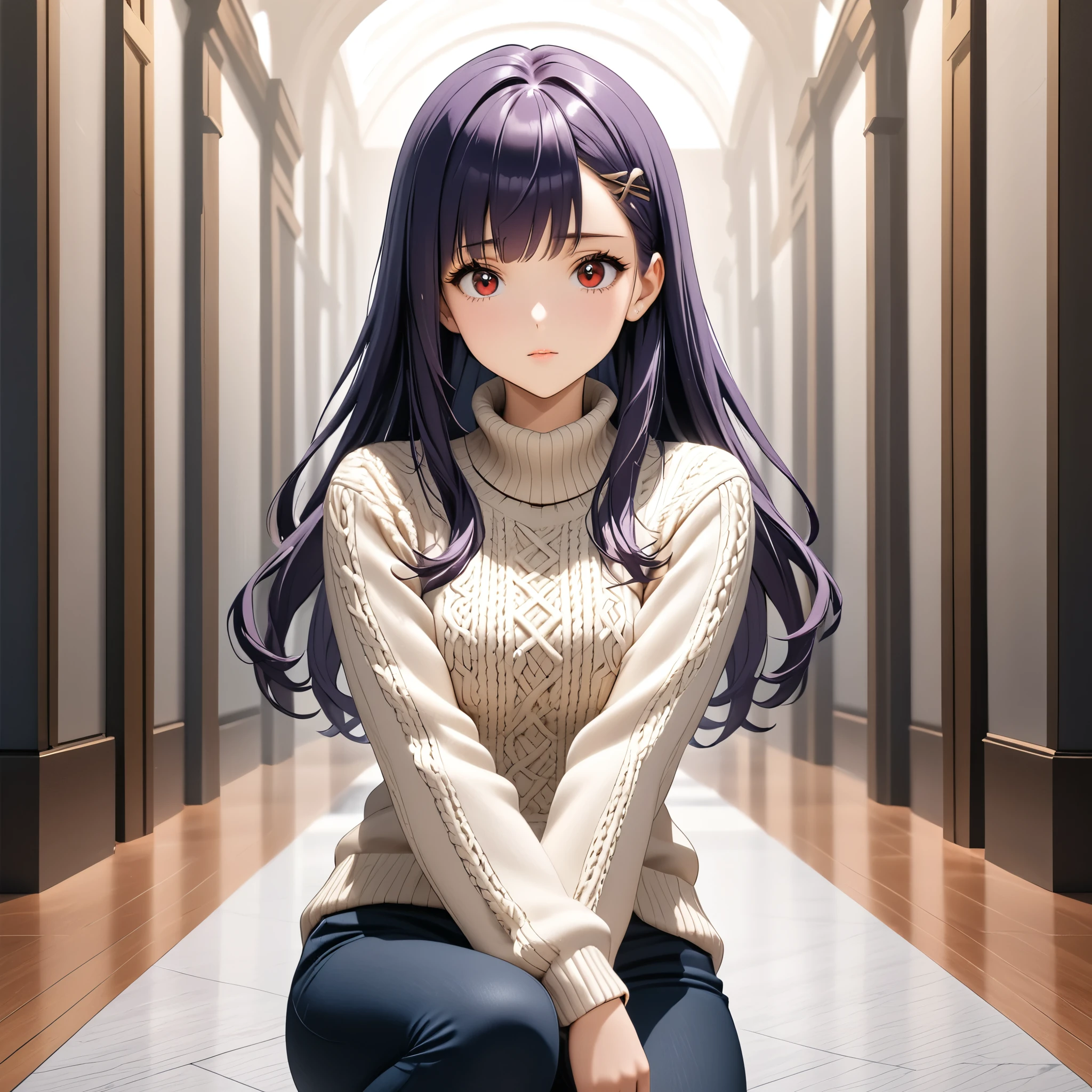 (masterpiece), best quality, 1girl, expressive eyes, perfect face, (purple hair, long hair), perfect anatomy, full body, 4k, HDR, full HD, alone, full body, looking at viewer, bright red eyes, beautiful face, perfect face, perfect hands, perfect legs, super detailed clothing, intricate clothing, long sleeve knitted sweater, square neck, puff sleeve, stylish and versatile for everyday day, White Long Sleeve Worsted Wool Plain Pullovers, 