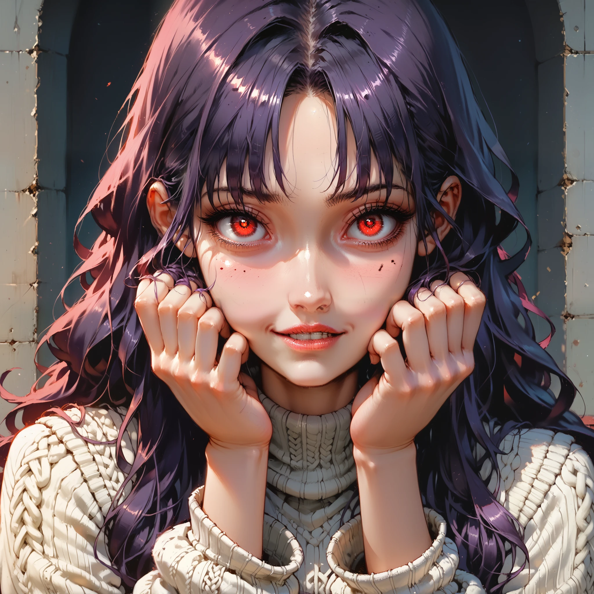 (masterpiece), best quality, 1girl, expressive eyes, perfect face, (purple hair, long hair), perfect anatomy, full body, 4k, HDR, full HD, alone, full body, looking at viewer, bright red eyes, beautiful face, perfect face, perfect hands, perfect legs, super detailed clothing, intricate clothing, long sleeve knitted sweater, square neck, puff sleeve, stylish and versatile for everyday day, White Long Sleeve Worsted Wool Plain Pullovers, 