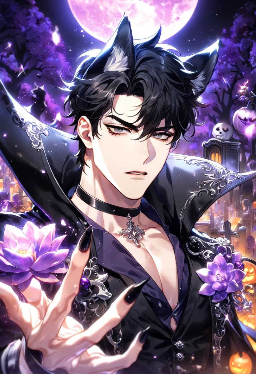 Ultra detailed, Highres, absurdres, HDR, Fushiguro Touji, black hair, expressive green eyes, black coat with patterns, Jujutsu Kaisen, fantasy, petals, handsome, sexy man, solo, very detailed eyes and face, master piece, black gloves, purple background, purple moon, bare chest, black demon horns, magical, purple roses, black feathers, smirking, shining, starry sky, black pants