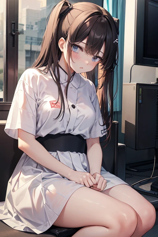 (8K、Top image quality、top-quality、masterpiece)、A detailed face、1 girl in、A dark-haired、short ponytail、blunt bangs、black eyes、smil、Moderately breasts、Nurse Cap、nurse、white glove、white pencil skirt、white pantyhose、cowboy shot、sit on a bed、hospital room background