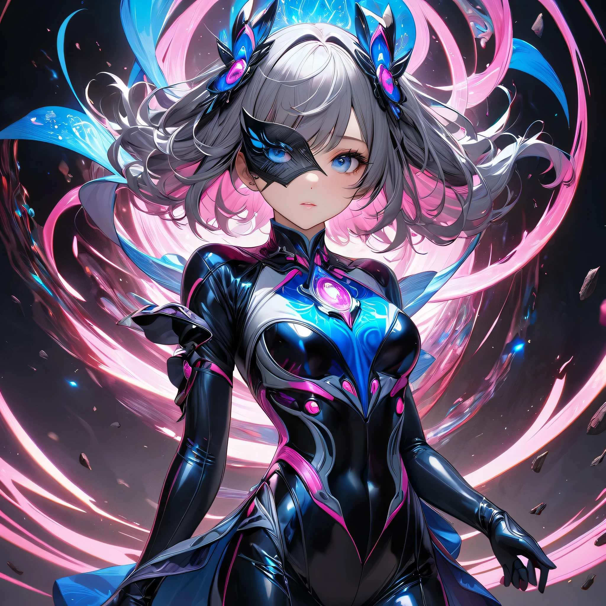 (high quality), (masterpiece), (detailed), 8K, wide shot, Hyper-realistic portrait of a (1girl1.2), with a mesmerizing and captivating detailed iris. Meticulous details capture the full-body suit striking a blend of blue and neon pink, contrasting with darker tones of black and grey, creating a visually captivating outfit. wearing an eye mask. small pieces of debris floating around her in a psychic field, and shimmering psychic energy ripples around the girl.