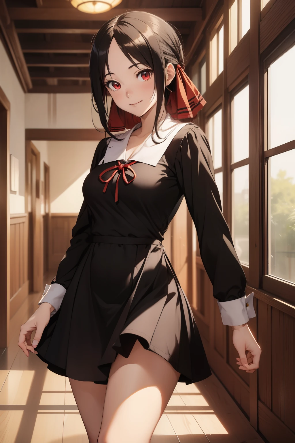 2d, masterpiece, best quality, anime, highly detailed, cowboy shot, 1girl, solo, shinomiya kaguya, red eyes, black hair, hair ribbon, red ribbon, school uniform, short dress, long sleeves, small , standing, indoors, hallway, smile