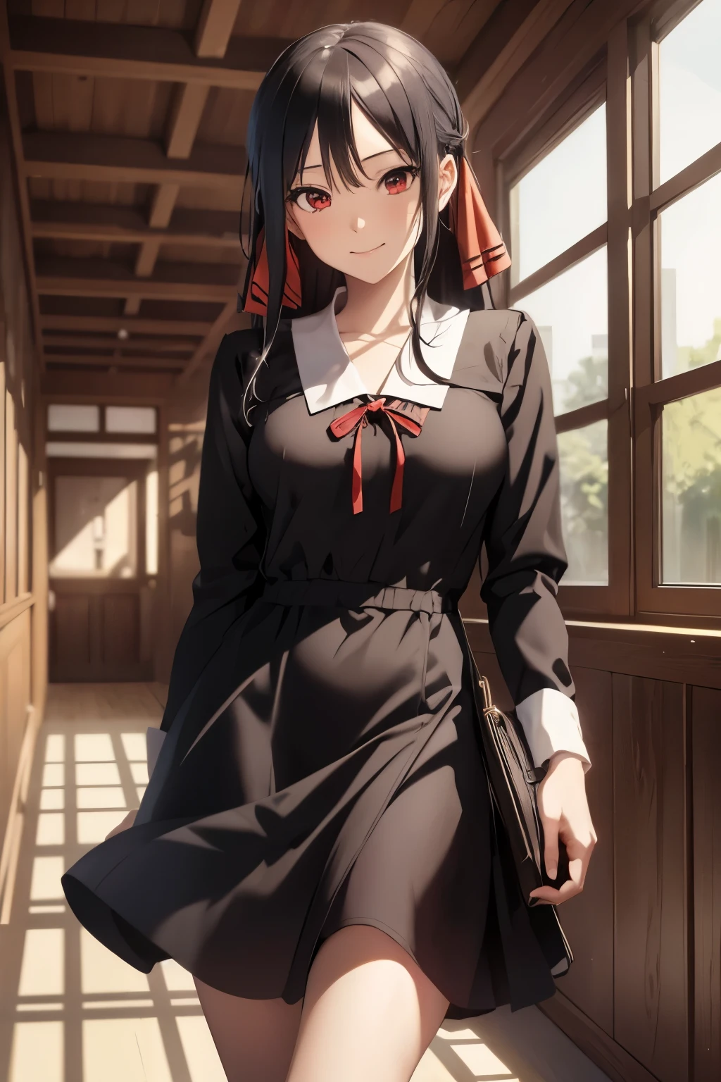 2d, masterpiece, best quality, anime, highly detailed, cowboy shot, 1girl, solo, shinomiya kaguya, red eyes, black hair, hair ribbon, red ribbon, school uniform, short dress, long sleeves, small breasts, standing, indoors, hallway, smile