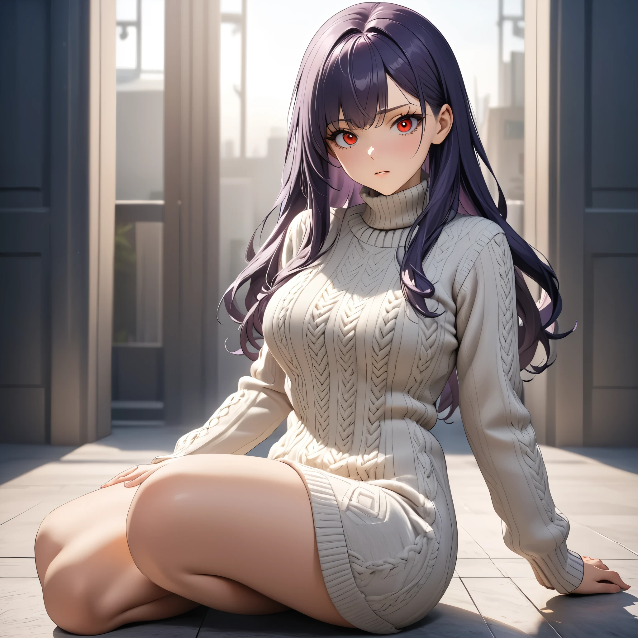 (masterpiece), best quality, 1girl, expressive eyes, perfect face, (purple hair, long hair), perfect anatomy, full body, 4k, HDR, full HD, alone, full body, looking at viewer, bright red eyes, beautiful face, perfect face, perfect hands, perfect legs, super detailed clothing, intricate clothing, long sleeve knitted sweater, square neck, puff sleeve, stylish and versatile for everyday day, White Long Sleeve Worsted Wool Plain Pullovers, 