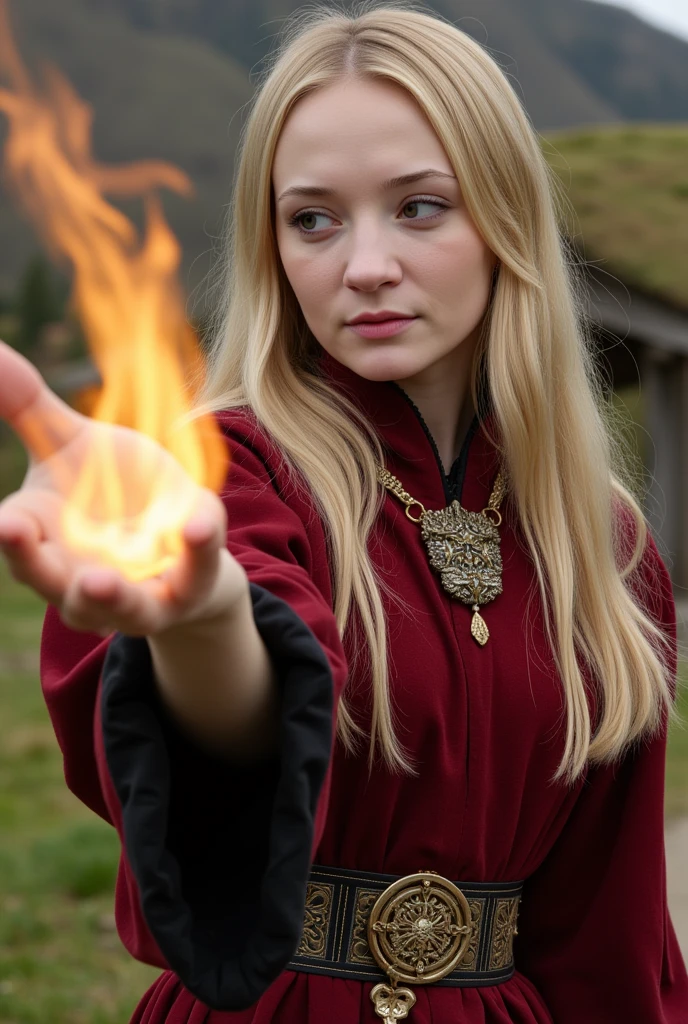 a beautiful sorceress with long blond hair dressed in a magical red and black robe casts a fireball in a dynamic pose against the background of a picturesque hobbit village, concentration, cold atmosphere, a bizarre mix of colors