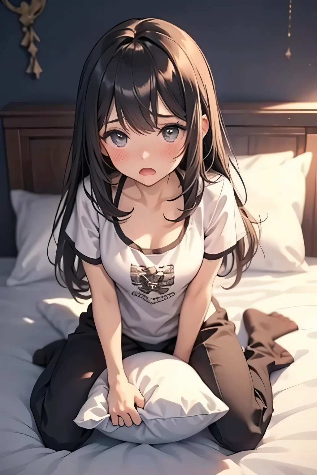 (Browsing Caution:1.2)、Beautiful girl sucks a condom、Flat Chest、Young body、Flat stomach、Embarrassing、A dreamy look、Excessive sweating all over the body、See-through pajamas、(sitting on a pillow,Straddling the pillow:1.4),(Pillow rubbing:1.7),(rubbing the crotch:1.6),Female orgasm,Pussy juice,(Out of breath,Heavy breathing,blush:1.6),(impatience:1.2),(Panicked)、(Look away from the camera、Looking down:1.5)、(Bedroom,On the bed:1.4)、Dim Light、Wide viewing angles、Condoms scattered on the bed、(Underview)、Female acts