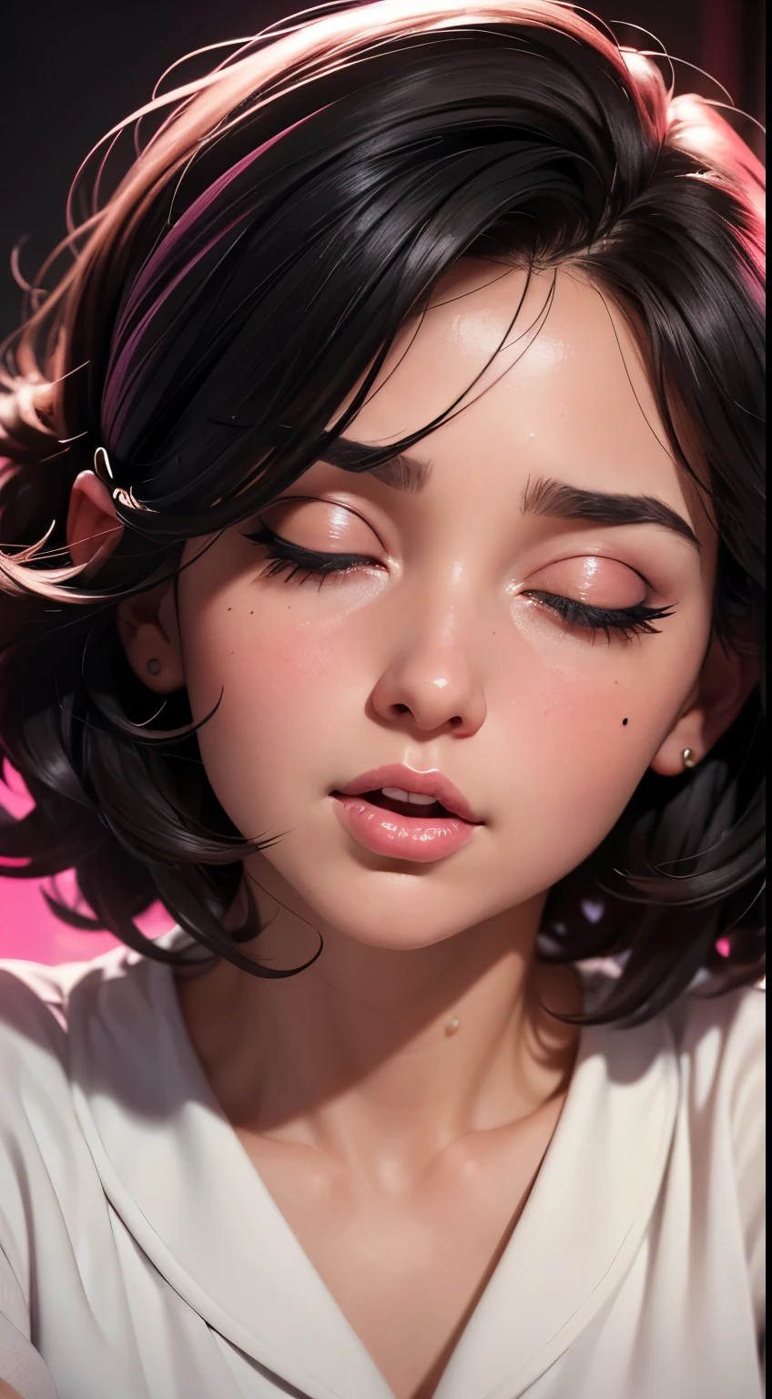 Amazing portrait of a young mature woman with short wavy hair black hair with a fascinated and a surprised expression wearing a pink blouse with a mature face who's experiencing orgasm during night time with soft lighting highlighting her heart pupils as she's sweaty and blushing with a mole under her eye wearing eyeliner with her mouth open and empty eyes