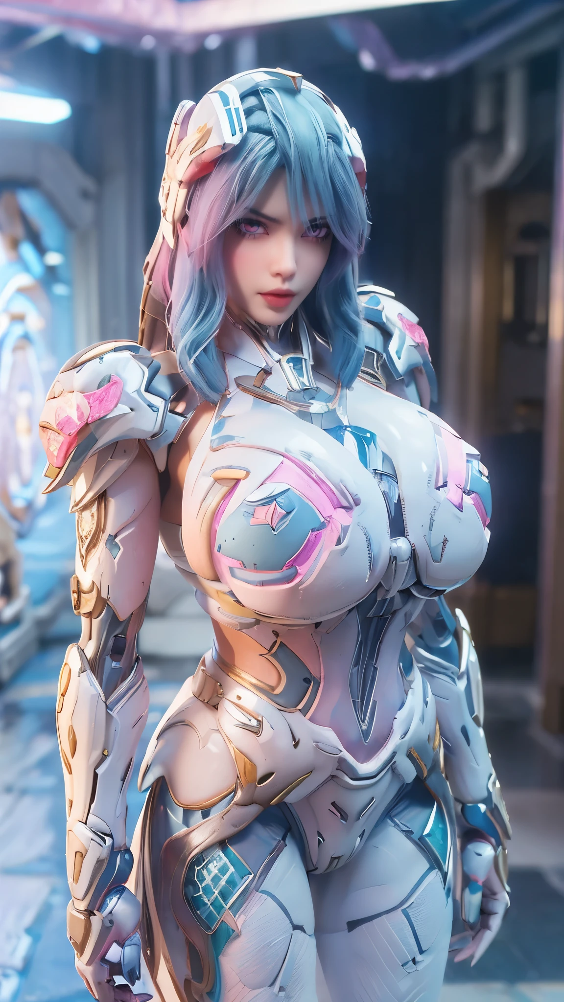 A beauty girl with ( blue pink hair, multiple color long hair:1.7), mecha_musume, 1GIRL, (CLOSE UP UPPER BODY:0.8), (COWBOY SHOT PORTRAIT:1.4), (LED HEAD HELM:1.5),((HUGE FAKE BREASTS:1.5)), (11 line ABS:1.3), ((MECHA GUARD ARMS, MECHA GUARD SHOULDER CRYSTAL CORE:1.2)), (SHINY CRYSTAL CORE ON MECHA STARRY SKY MOTIF ARMOR FORM OVERWATCH,WHITE MECHA TIGHT BABES MICRO VENUS BIKINI:1.5), (MUSCULAR HOURGLASS BODY, GLOWING BODY PALE SKIN:1.3), (LOOKING AT VIEWER:1.5), (HALLWAY OF FUTURISTIC SPACE STATION:1.3), (BRIGHT LIGHT WHITE_ROOM:1.3), HYPER TEXTURE, UNREAL ENGINE RENDER, PHYSICALLY-BASED RENDERING, ULTRA HIGHT DEFINITION, 16K, DSLR, 1080P.