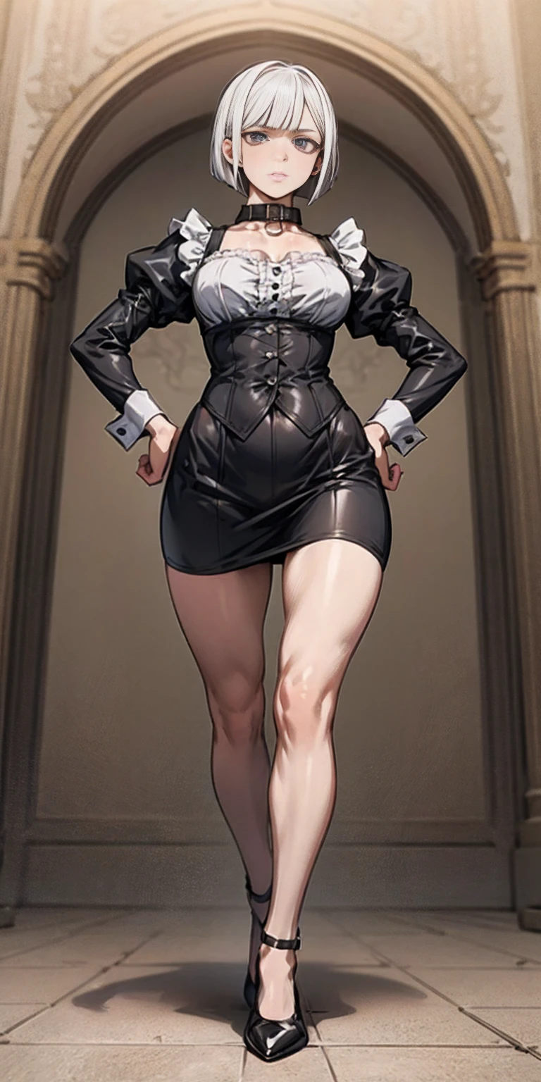 Body position: Standing, straight, symmetrical, barefoot, Lustful smile on face with red blush