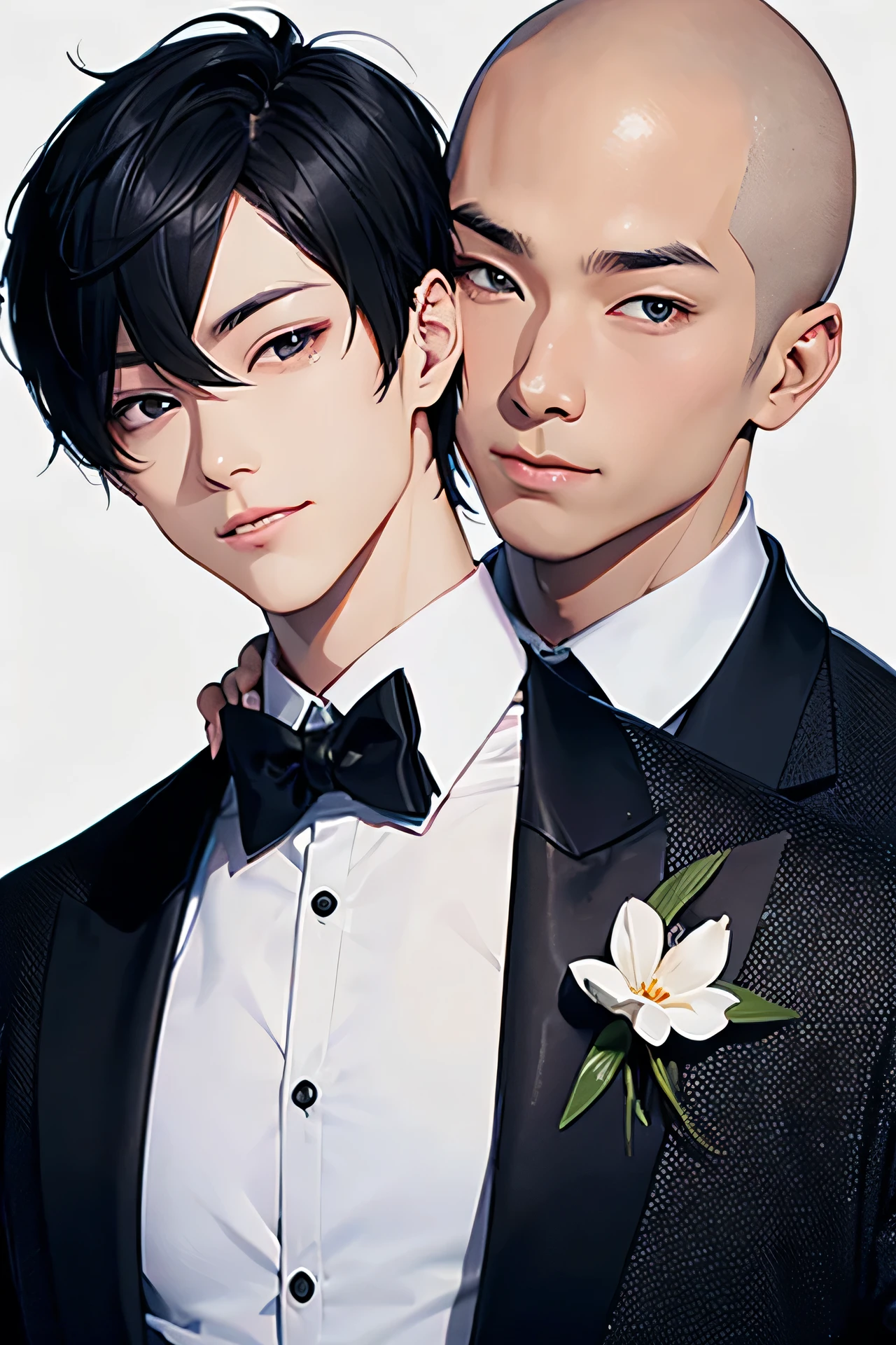 Japanese　　Handsome　Short cut　Shaved head　Black Hair　male　Fierce　Breaking smile　Black Tuxedo　formal　Upper Body　Background Universe