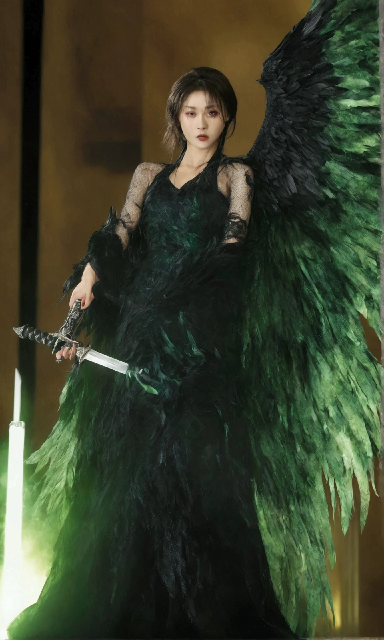 a dark angel (cute yuna, age 25, black fishnet gown, black eyes, black feathered wings, weeping blood, wielding a sword encased in green flames) she is weeping for the lives she is about to take, hotel lobby
