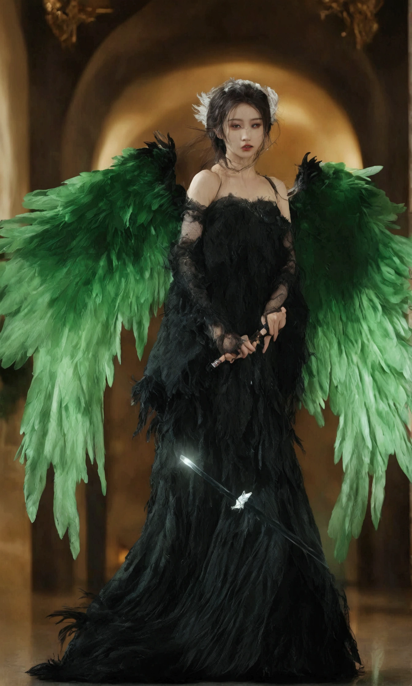 a dark angel (cute yuna, age 25, black fishnet gown, black eyes, black feathered wings, weeping blood, wielding a sword encased in green flames) she is weeping for the lives she is about to take, hotel lobby
