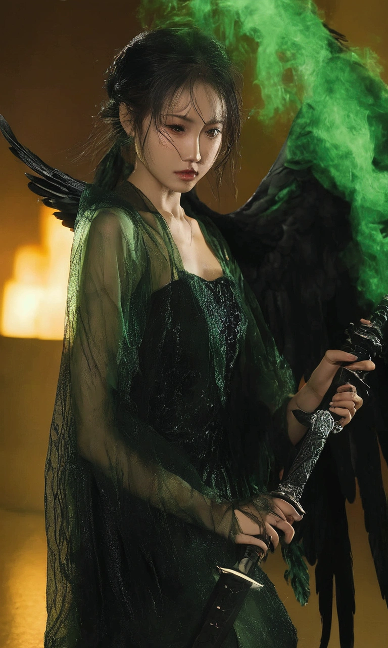 a dark angel (cute yuna, age 25, black fishnet gown, black eyes, black feathered wings, weeping blood, wielding a sword encased in green flames) she is weeping for the lives she is about to take, hotel lobby
