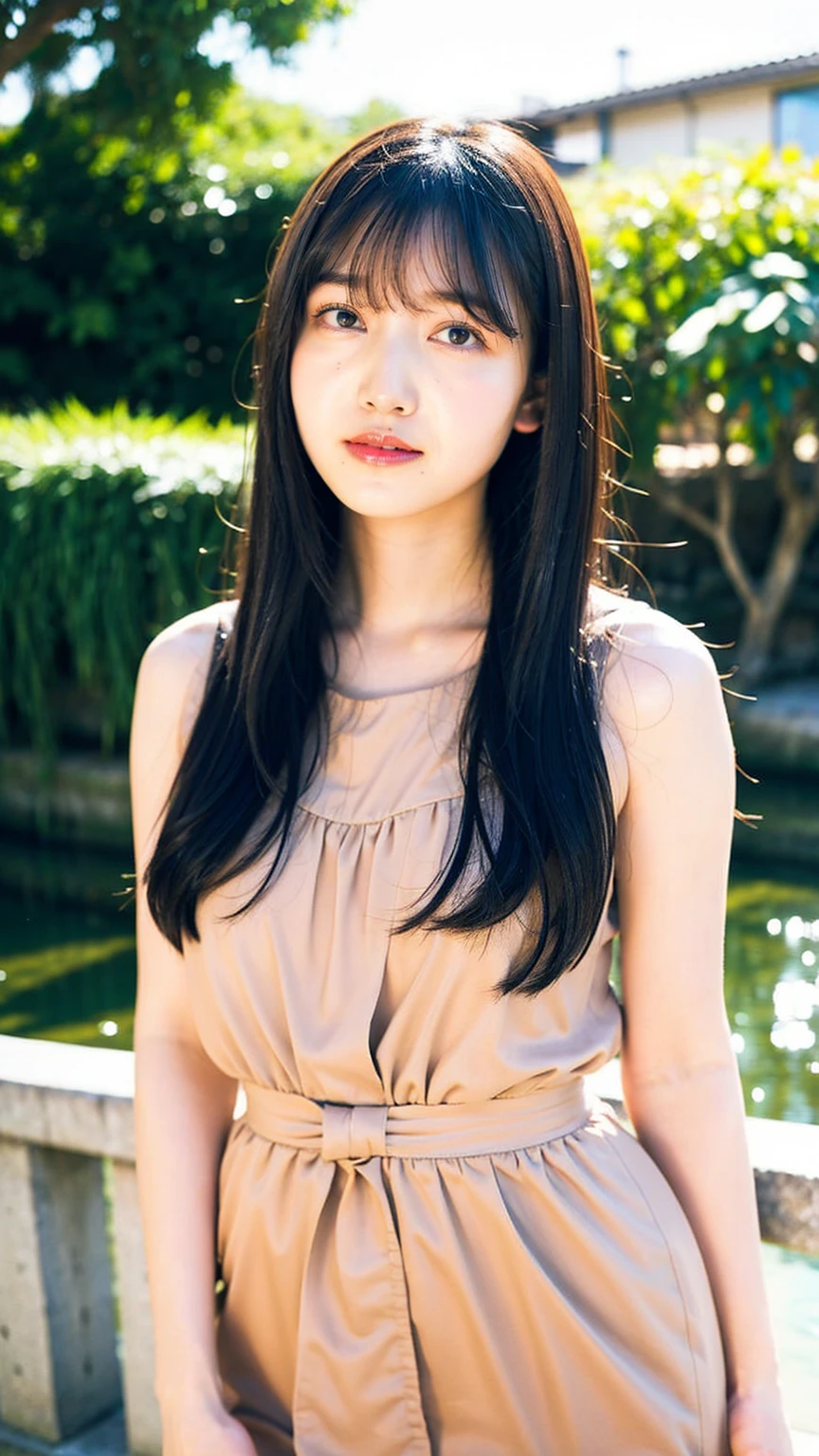 (Small Tits), (18-year-old), (very small head), dawn, sunlight, (Perfect body:1.1), (8K), (Very delicate and beautiful), (Highest quality:1.0), (Realistic), Realistic Shadows, (High resolution:1.0), Detailed skin, Very detailed, the body is slim, (Beautiful Hair, Real Hair, Thinning hair), blush, Realistic, Realistic Face, Realistic eyes, Small eyes, smile, (eyeliner), (mascara), (eye shadow), whole body、Open leg pose、Nipples、naked、Thick pubic hair、brand、ponytail