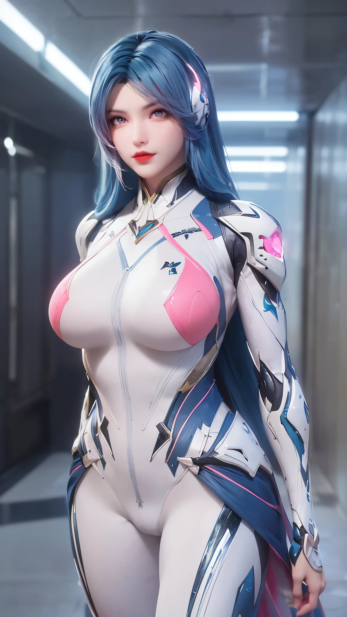 A beauty girl with ( blue pink hair, multiple color long hair:1.7), mecha_musume, 1GIRL, (CLOSE UP UPPER BODY:0.8), (COWBOY SHOT PORTRAIT:1.4), (LED HEAD HELM:1.5),((HUGE FAKE BREASTS:1.5)), (11 line ABS:1.3), ((MECHA GUARD ARMS, MECHA GUARD SHOULDER CRYSTAL CORE:1.2)), (SHINY CRYSTAL CORE ON MECHA STARRY SKY MOTIF ARMOR FORM OVERWATCH,WHITE MECHA TIGHT BABES SUIT:1.5), (MUSCULAR HOURGLASS BODY, GLOWING BODY PALE SKIN:1.3), (LOOKING AT VIEWER:1.5), (HALLWAY OF FUTURISTIC SPACE STATION:1.3), (BRIGHT LIGHT WHITE_ROOM:1.3), HYPER TEXTURE, UNREAL ENGINE RENDER, PHYSICALLY-BASED RENDERING, ULTRA HIGHT DEFINITION, 16K, DSLR, 1080P.