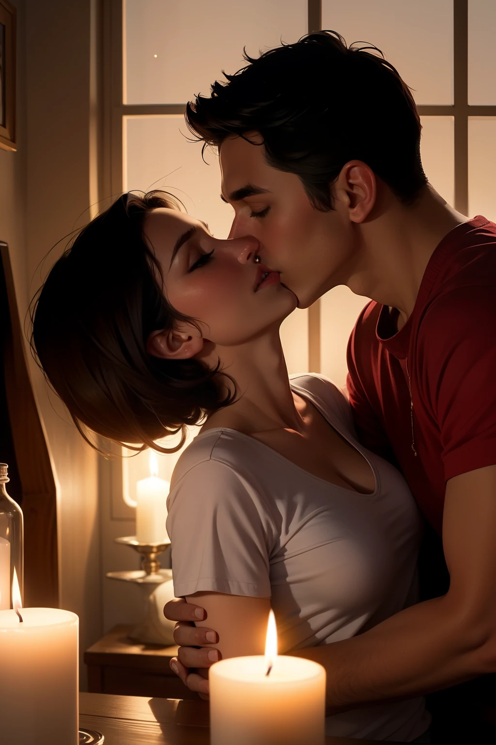 Boy and woman, beautiful woman, kissing each other with passion, in a bedroom, bright room, candles lit, night time,