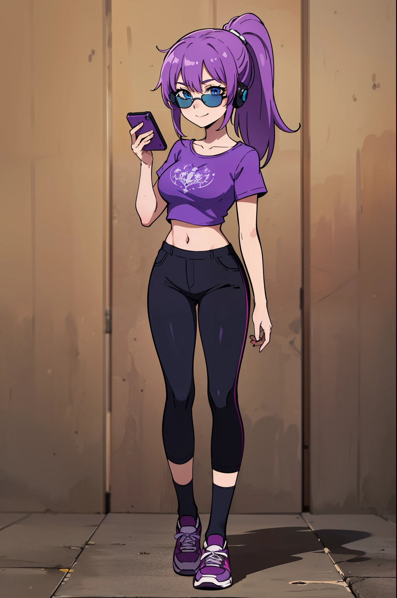 ((best quality), (high quality), (detailed), (masterpiece), good artist, 1girl, ( violet hair), ((blue eyes)), (sunglasses), headphones, (short ponytail), casual wear, gentle smile, ((under crop top)), ((crop top)), ((purple t shirt)), black pants, a two headed woman with beautiful detailed eyes, (detailed hairstyles), strong and confident expressions, pre-teenage girl, beautiful body and face, ((barn background)), ((phoneaholic teenager)), (length hair), full body