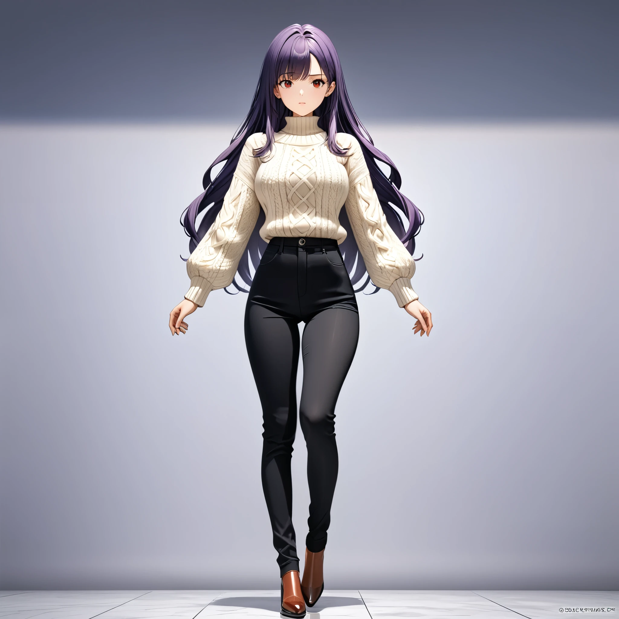 (masterpiece), best quality, 1girl, expressive eyes, perfect face, (purple hair, long hair), perfect anatomy, full body, 4k, HDR, full HD, alone, full body, looking at viewer, bright red eyes, beautiful face, perfect face, perfect hands, perfect legs, super detailed clothing, intricate clothing, long sleeve knitted sweater, square neck, puff sleeve, stylish and versatile for everyday day, White Long Sleeve Worsted Wool Plain Pullovers, 