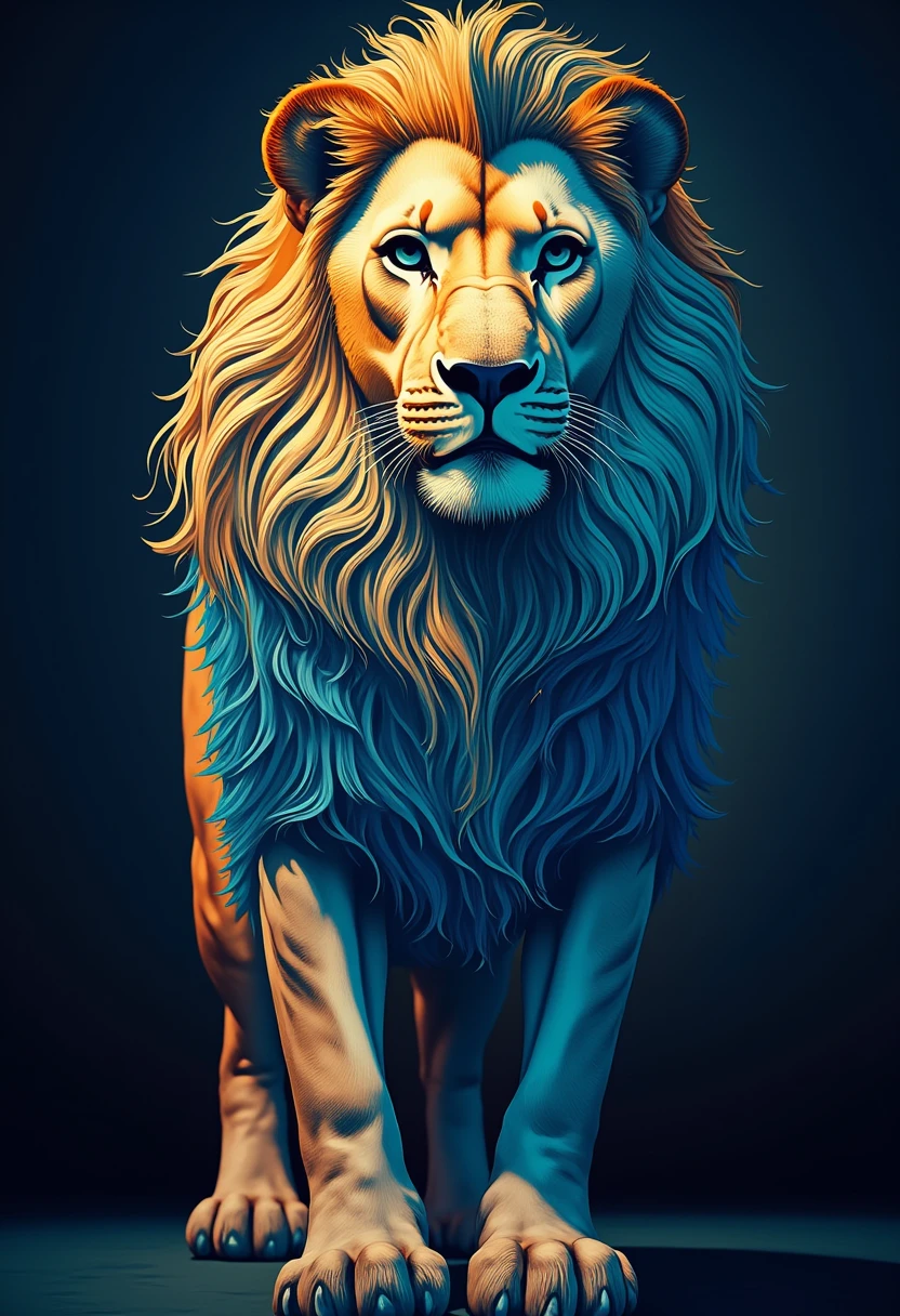 a rare and beautiful blue and gold lion poses for the camera, dark background, professional photography