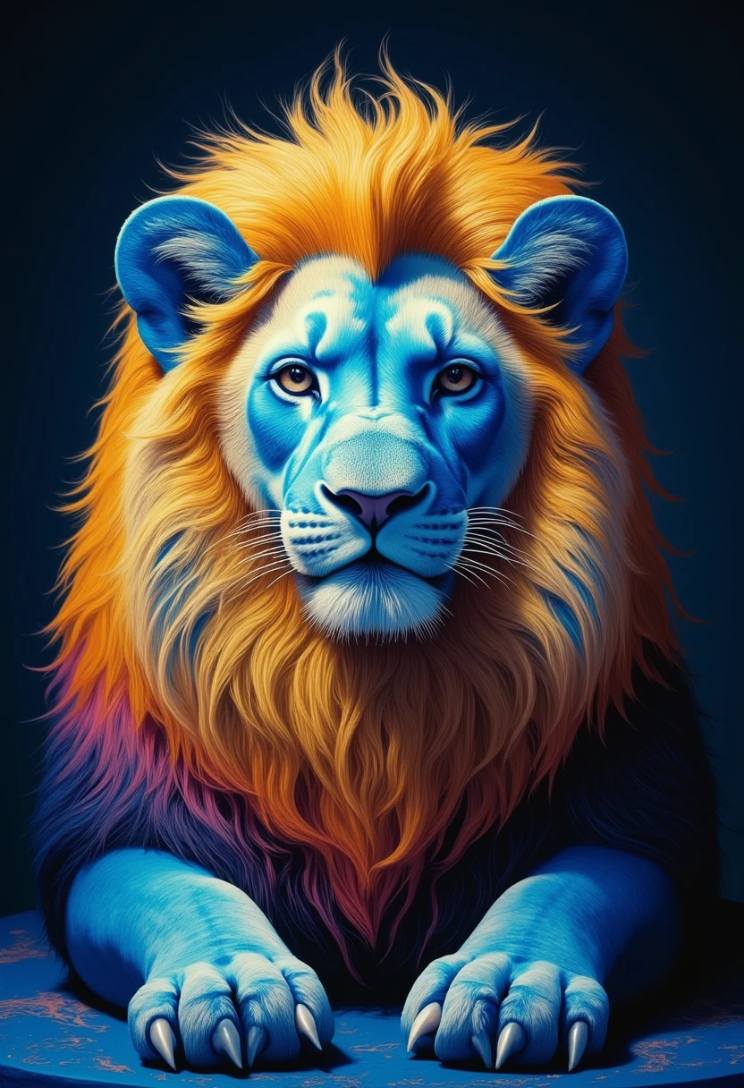 a rare and beautiful blue and gold lion poses for the camera, dark background, professional photography