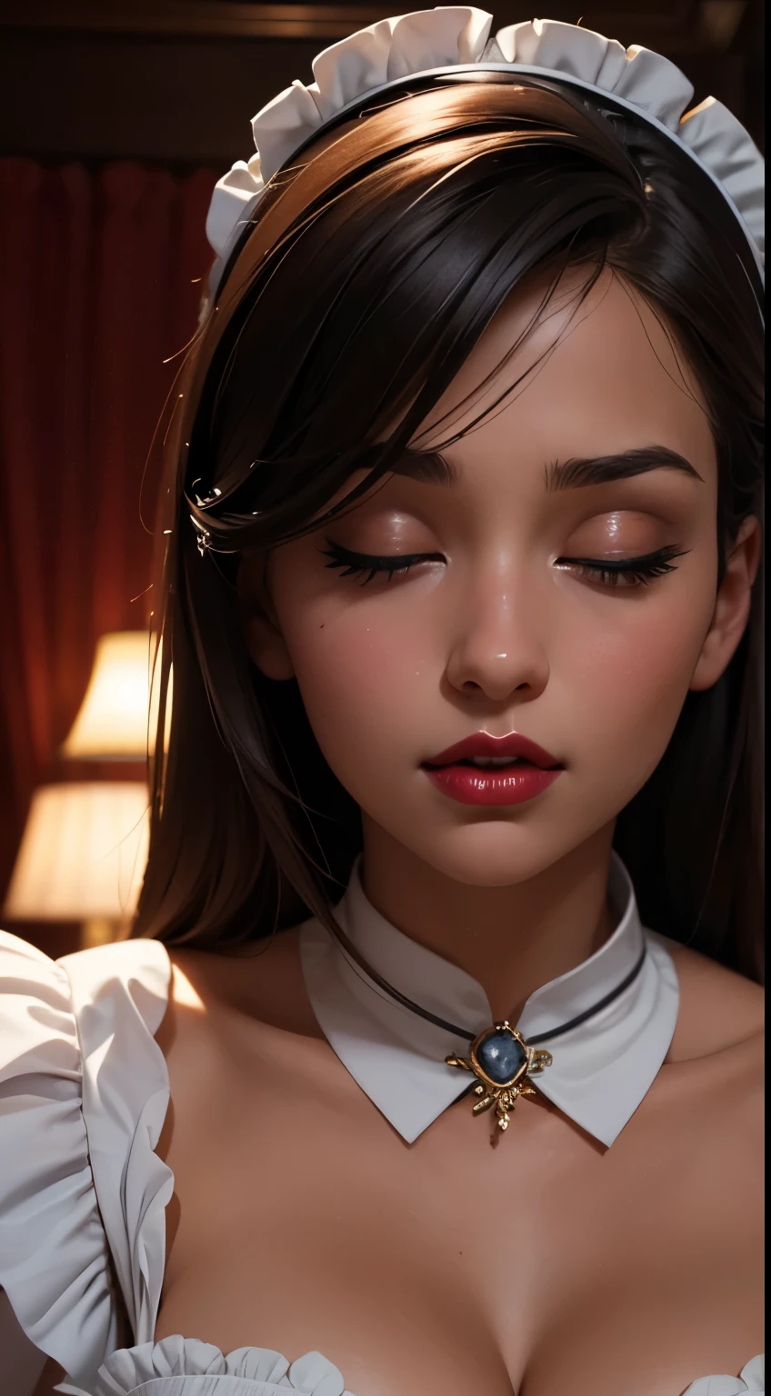 Amazing portrait of a woman who is 30 years old and an adult and a sexy maid during night time with soft lighting showcasing her red lips and her beautiful face in detail and close up 