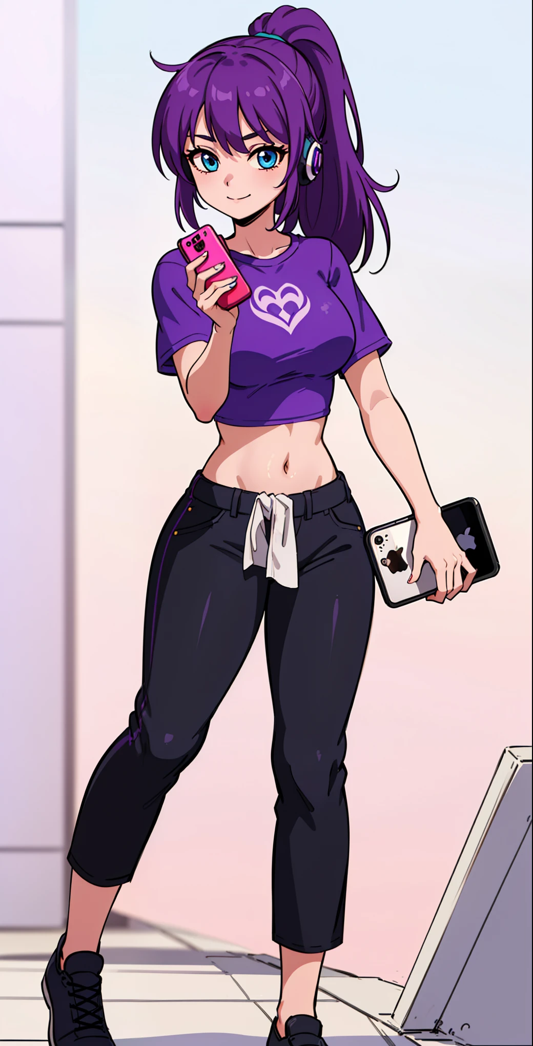 ((best quality), (high quality), (detailed), (masterpiece), good artist, 1girl, ( violet hair), ((blue eyes)), (sunglasses), headphones, (short ponytail), casual wear, gentle smile, ((under crop top)), ((crop top)), ((purple t shirt)), black pants, a two headed woman with beautiful detailed eyes, (detailed hairstyles), strong and confident expressions, pre-teenage girl, beautiful body and face, ((barn)), ((phoneaholic teenager)), (length hair), full body, ((holding an iPhone))