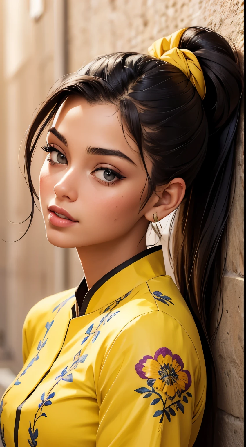 Amazing portrait of a sexy woman with her hair tied back in a low ponytail as she gazes at us seductively with her perfect lips parted for a kiss as she's pinned against the wall wearing a yellow kurta with floral embroidery