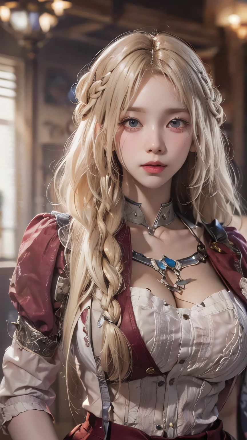 (Masterpiece: 1.4, Best Quality), (Intricate Detail), Unity 8k wallpaper, super detailed, beautiful and beautiful, perfect lighting, (1 girl), (blonde hair, dark eyes, big tits), dynamic pose, dynamic angle, lipstick, medium breasts, detailed background, realistic, solo, perfect detailed face, detailed eyes, highly detailed, blush, hair accessories, smile --auto --s2