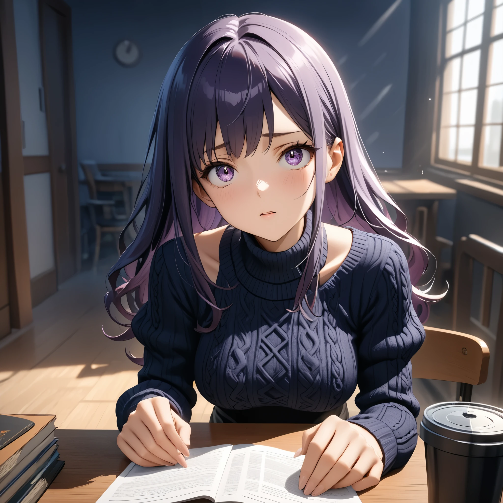 (masterpiece), best quality, 1girl, expressive eyes, perfect face, (purple hair, long hair), perfect anatomy, full body, 4k, HDR, full HD, alone, beautiful face, perfect face, perfect hands, perfect legs, super detailed clothing, intricate clothing, long sleeve knitted sweater, square neck, puff sleeve, stylish and versatile for everyday day, White Long Sleeve Worsted Wool Plain Pullovers, Off Shoulder,