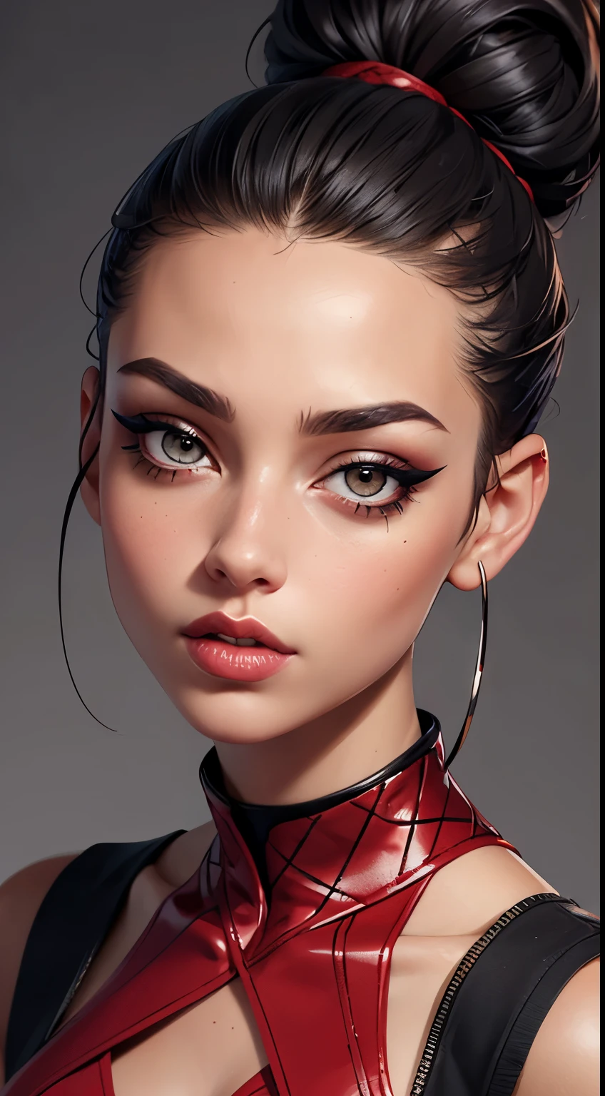 Amazing portrait of a sexy woman with her hair tied back in a high bun with her eyes emphasised by smokey eyeliner gazing at us seductively with her perfect lips parted wearing a red dress with black laces and fishnets