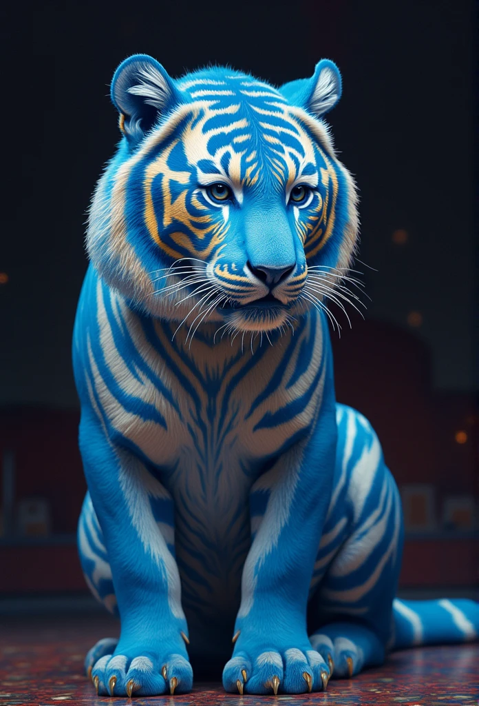 a rare and beautiful blue and gold tiger poses for the camera, dark background, professional photography