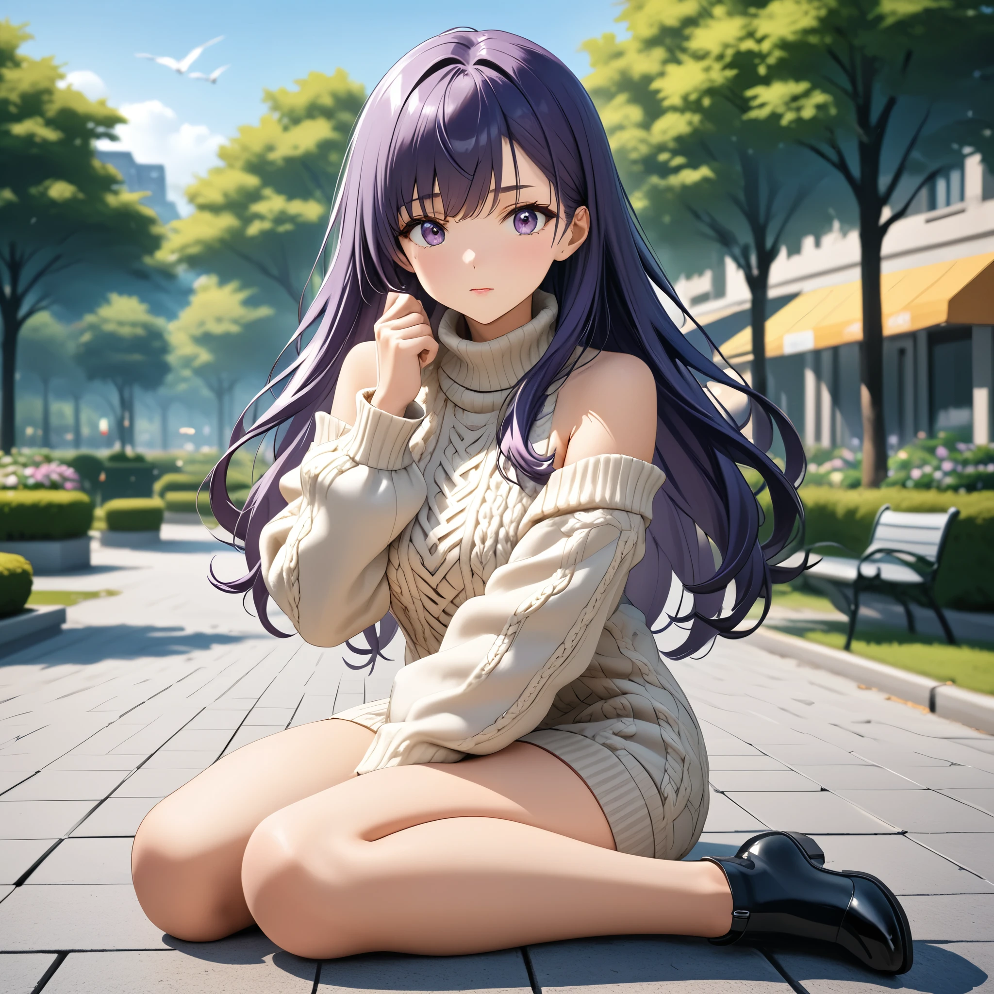 (masterpiece), best quality, 1girl, expressive eyes, perfect face, (purple hair, long hair), perfect anatomy, full body, 4k, HDR, full HD, alone, beautiful face, perfect face, perfect hands, perfect legs, super detailed clothing, intricate clothing, long sleeve knitted sweater, square neck, puff sleeve, stylish and versatile for everyday day, White Long Sleeve Worsted Wool Plain Pullovers, Off Shoulder, in a park,