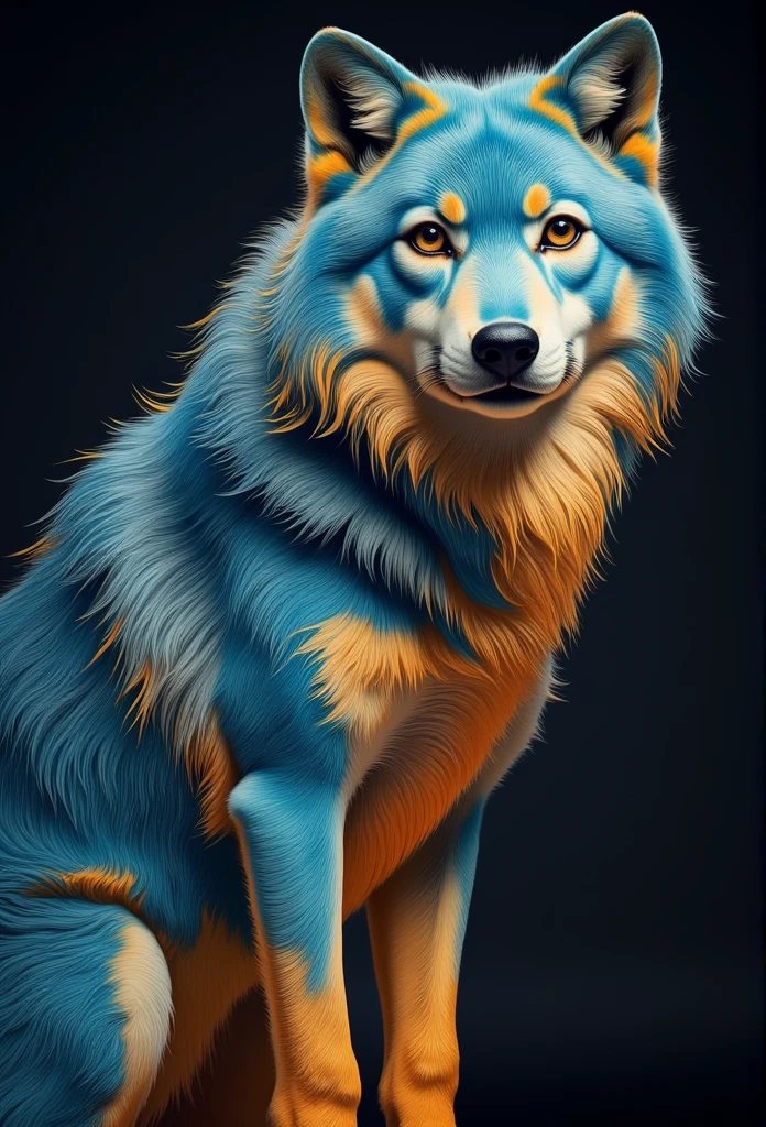 a rare and beautiful blue and gold wolf poses for the camera, dark background, professional photography